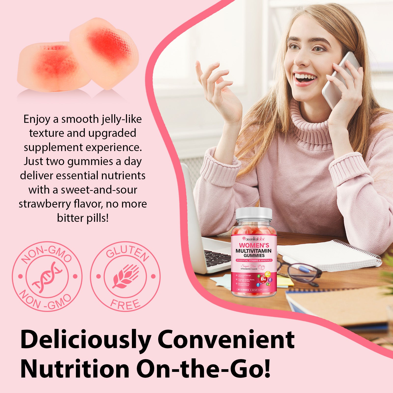 acentiallabs WOMEN'S MULTIVITAMIN GUMMIES ESSENTIAL VITAMINS & MINERALS  STRAWBERRY FLAVOR  60 GUMMIES Bottled Gummies