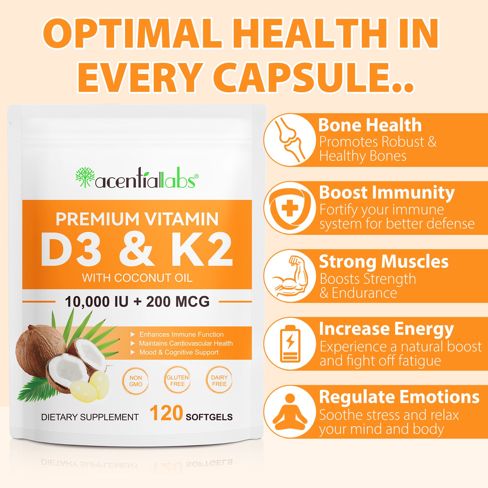 acentiallabs PREMIUM VITAMIN D3 & K2 WITH COCONUT OIL Bagged Capsules