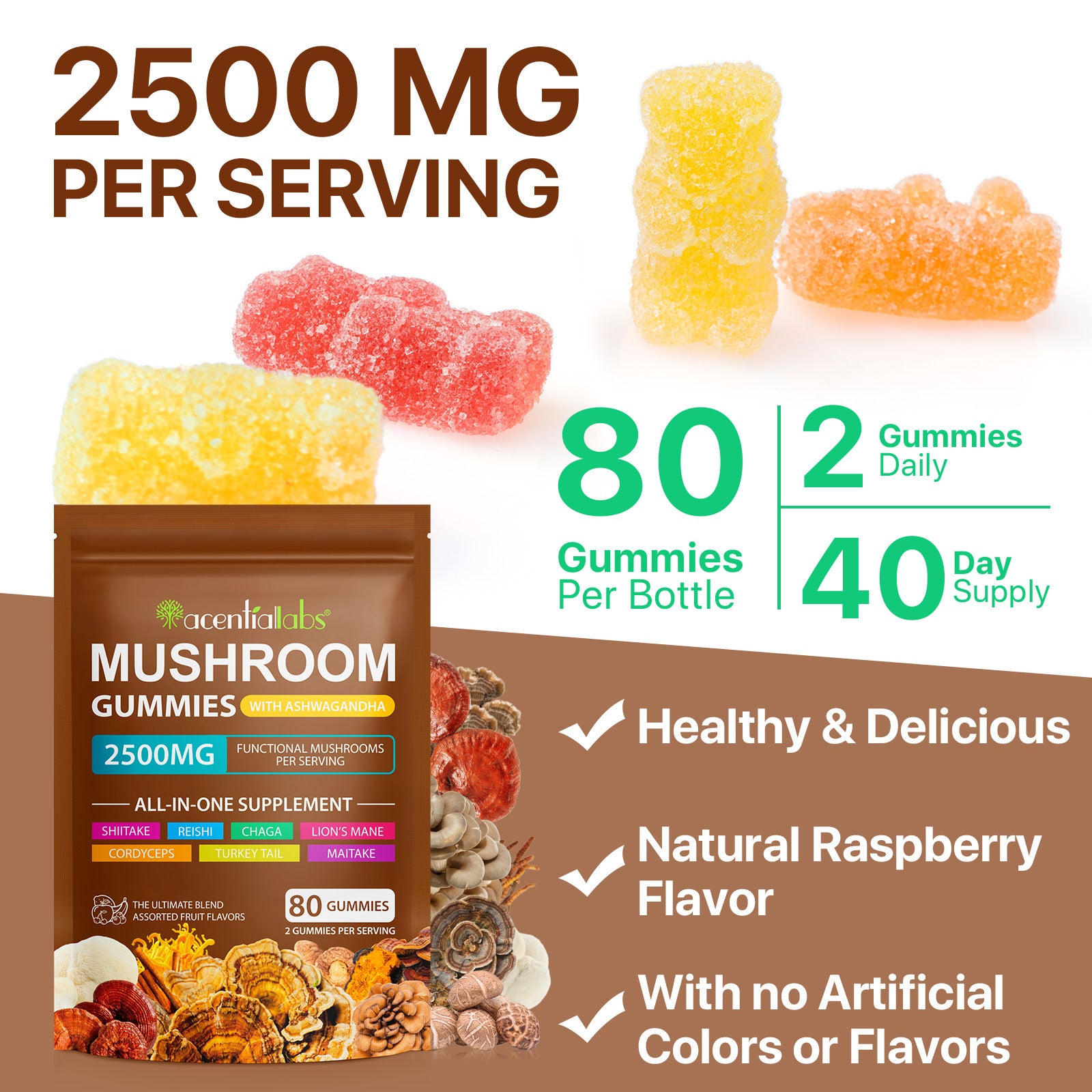 acentiallabs MUSHROOM GUMMIES WITH ASHWAGANDHA 2500MG FUNCTIONAL MUSHROOM SPER SERVING Bagged Gummies