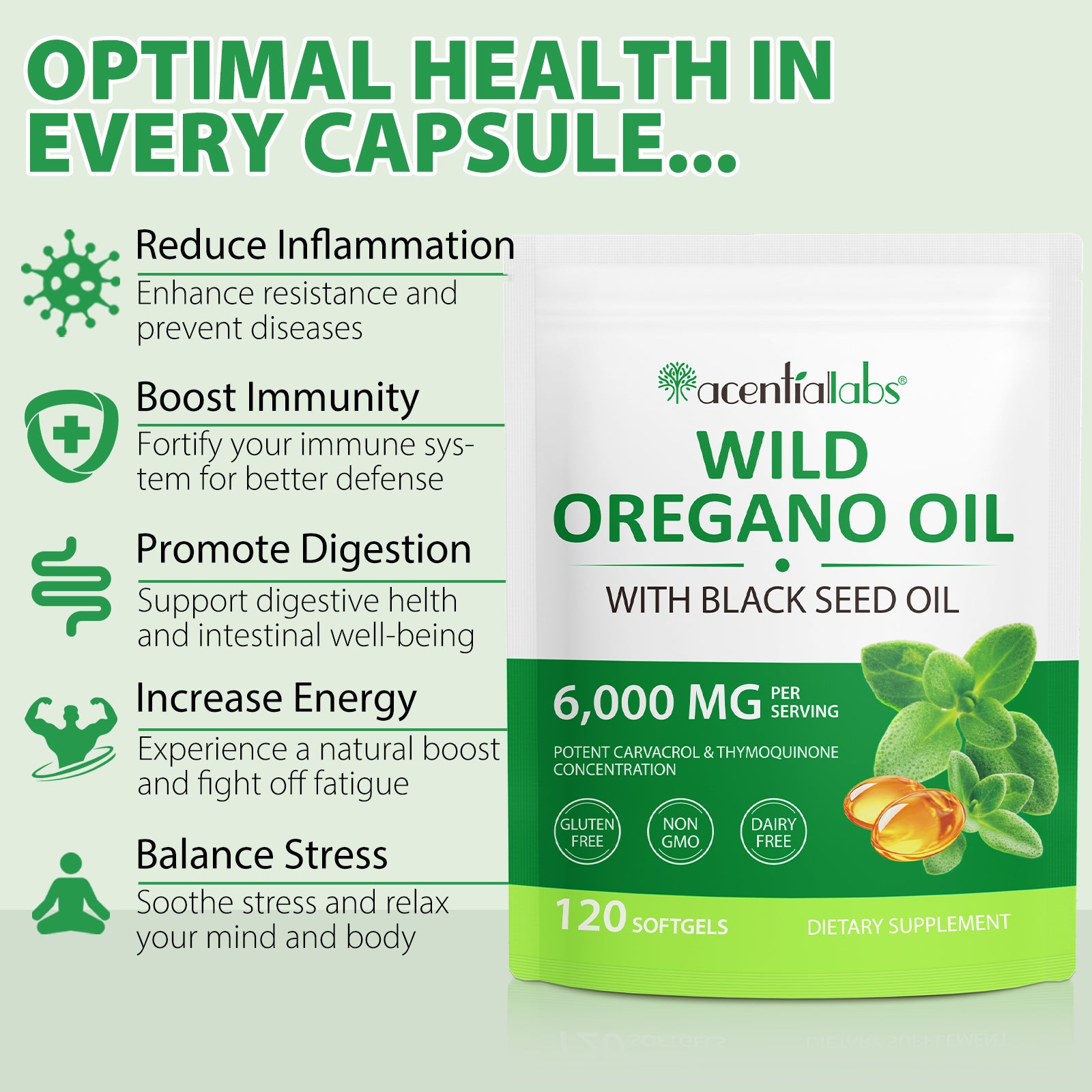 acentiallabs WILD OREGANO OIL WITH BLACK SEED OIL 120 SOFTGELS Bagged Capsules