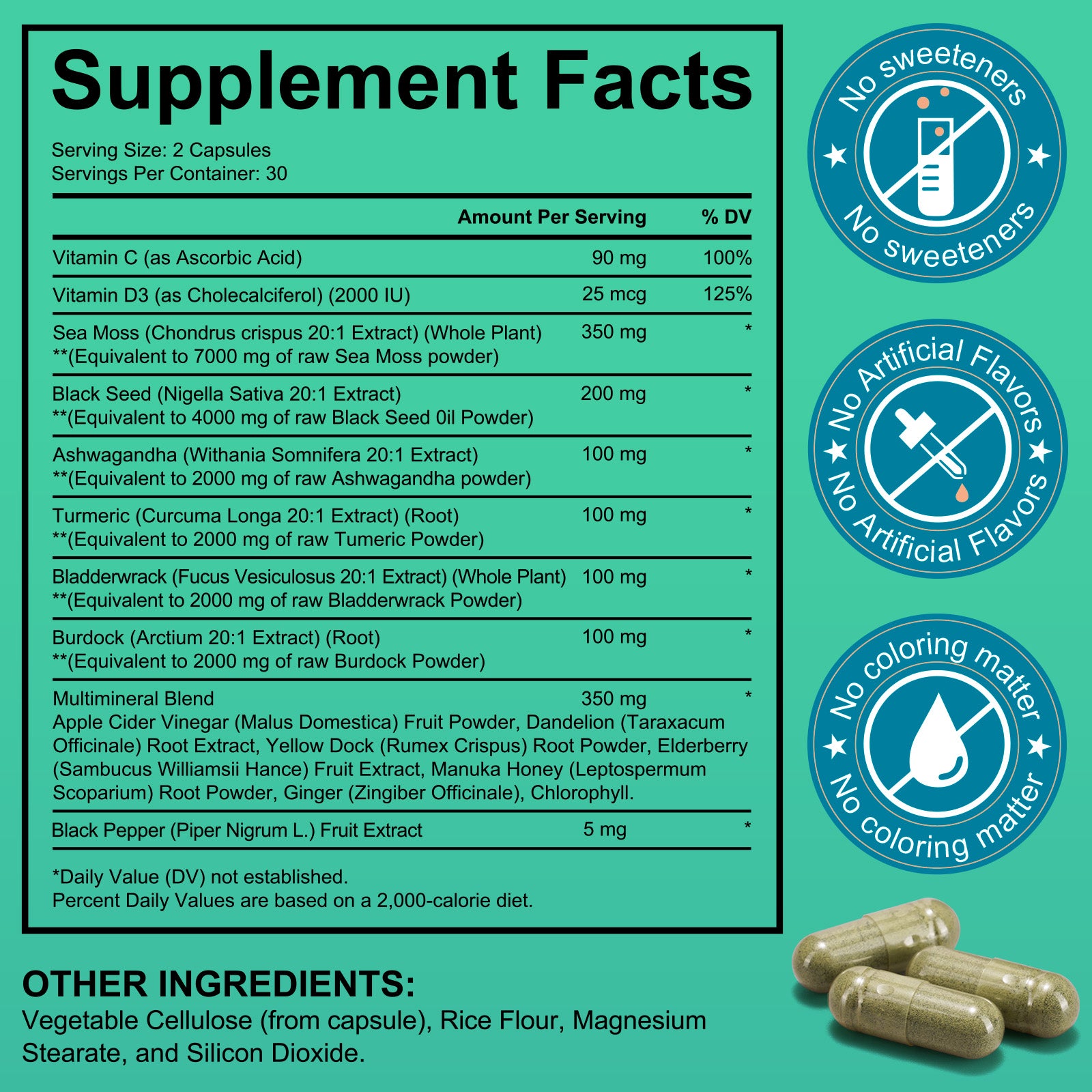 acentiallabs SEA MOSS BLACK SEED OIL WITH ASHWAGANDHA & GINGER 60 CAPSULES Bottled Capsules