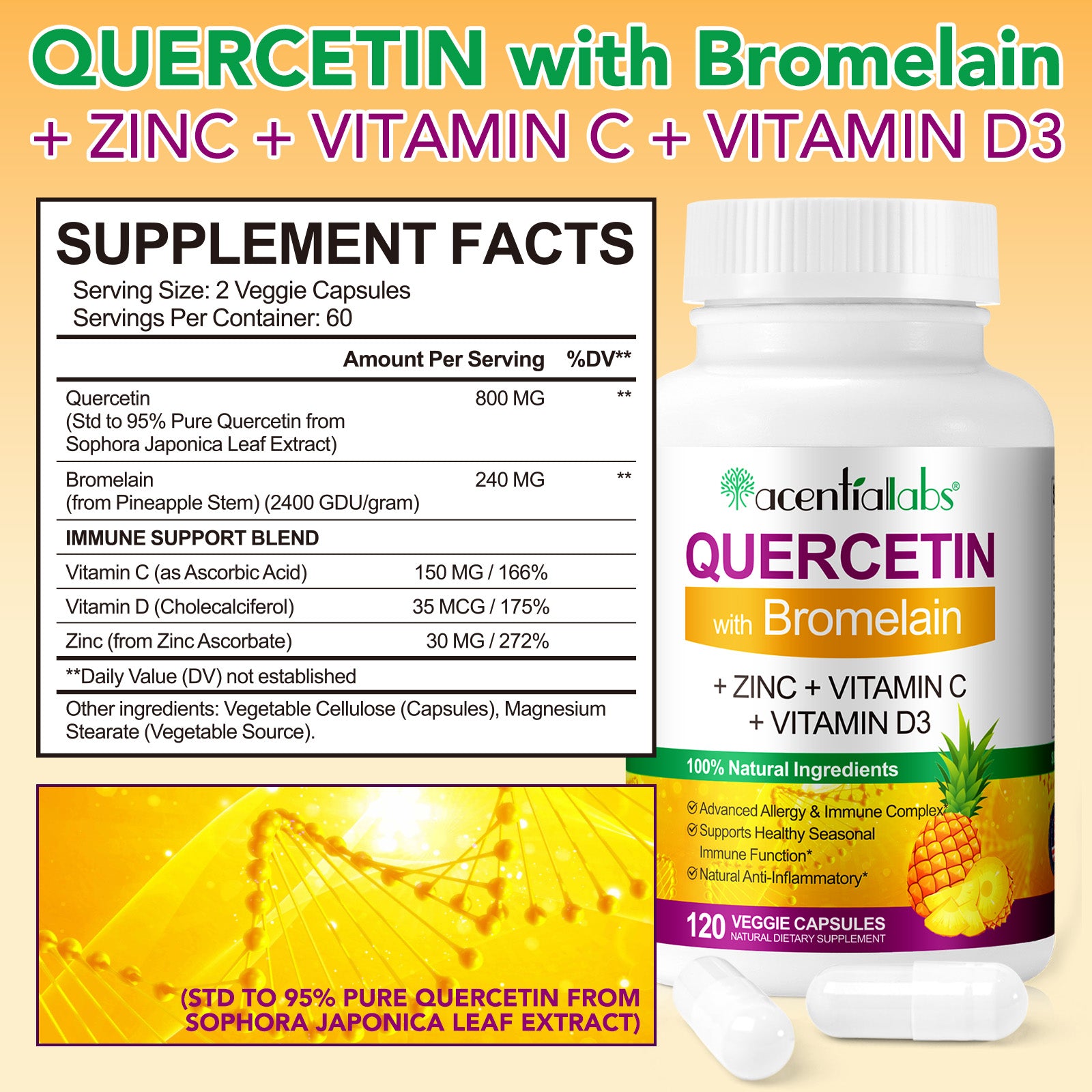 acentiallabs QUERCETIN with Bromelain,+ ZINC + VITAMIN C+ VITAMIN D3,120 VEGGIE CAPSULES Bottled Capsules