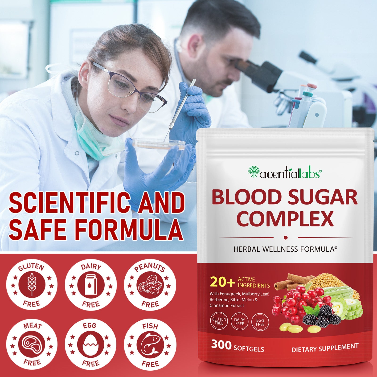 acentiallabs BLOOD SUGAR COMPLEX HERBAL WELLNESS FORMULA 300 SOFTGELS Bagged Capsules