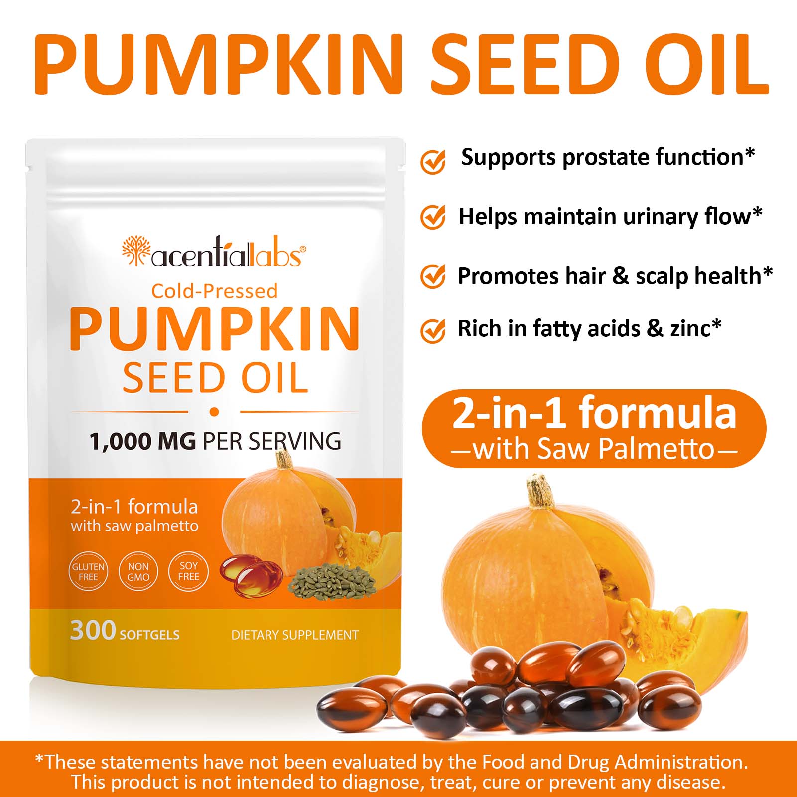 acentiallabs Cold-Pressed PUMPKIN SEED OIL 1,000 MG PER SERVING 300 SOFTGELS Bagged Capsules