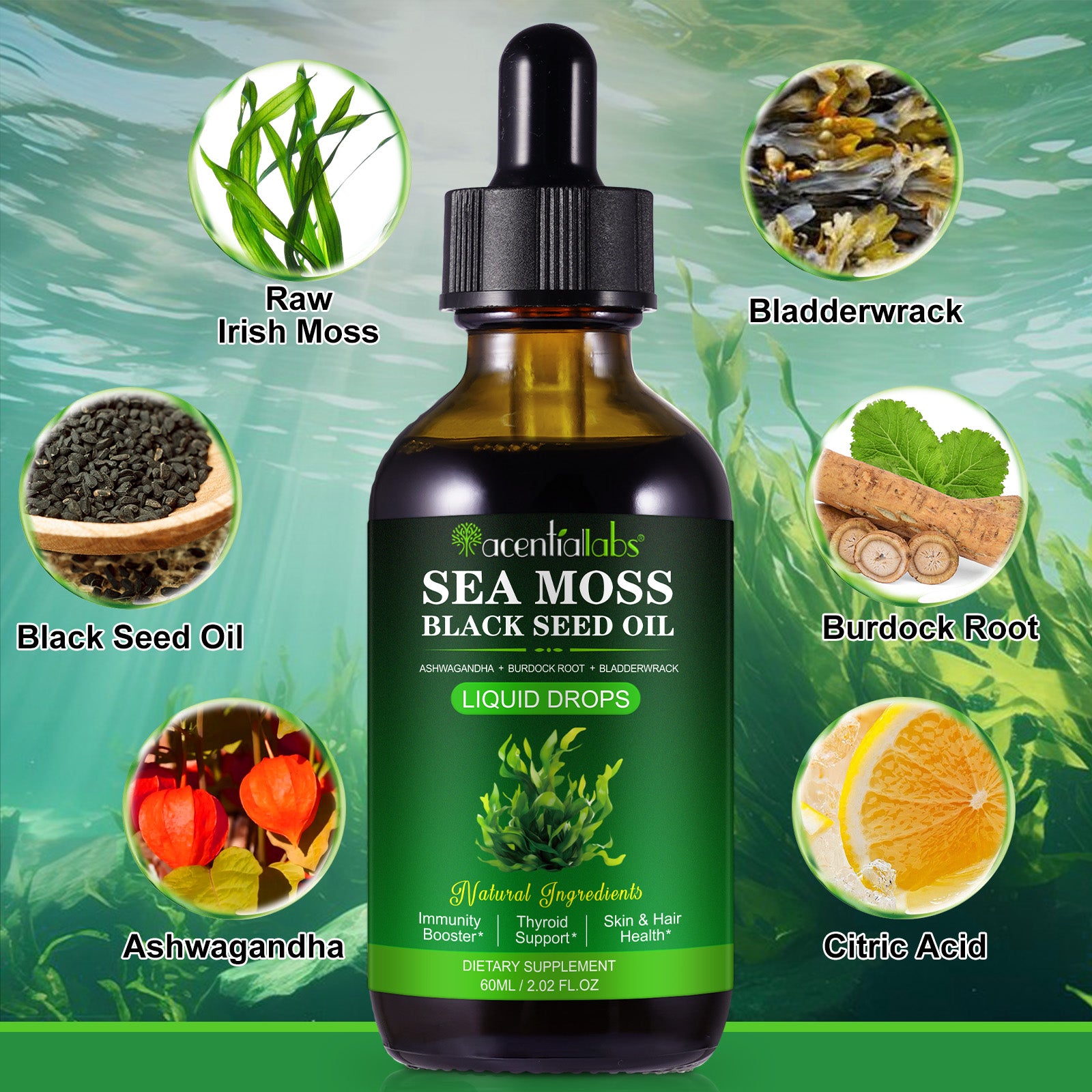 acentiallabs SEA MOSS BLACK SEED OIL,A SHWAGANDHA BURDOCK ROOT BLADDERWRACK,LIQUID DROPS,60ML Liquid Drops