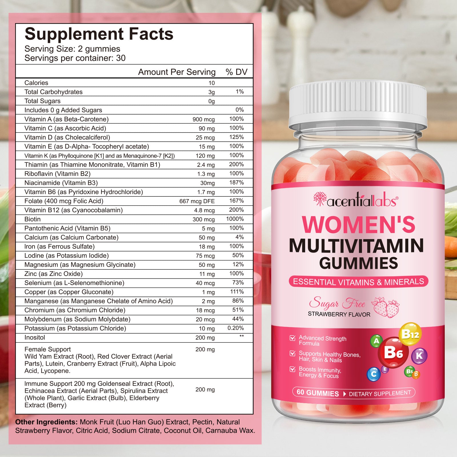 acentiallabs WOMEN'S MULTIVITAMIN GUMMIES ESSENTIAL VITAMINS & MINERALS  STRAWBERRY FLAVOR  60 GUMMIES Bottled Gummies