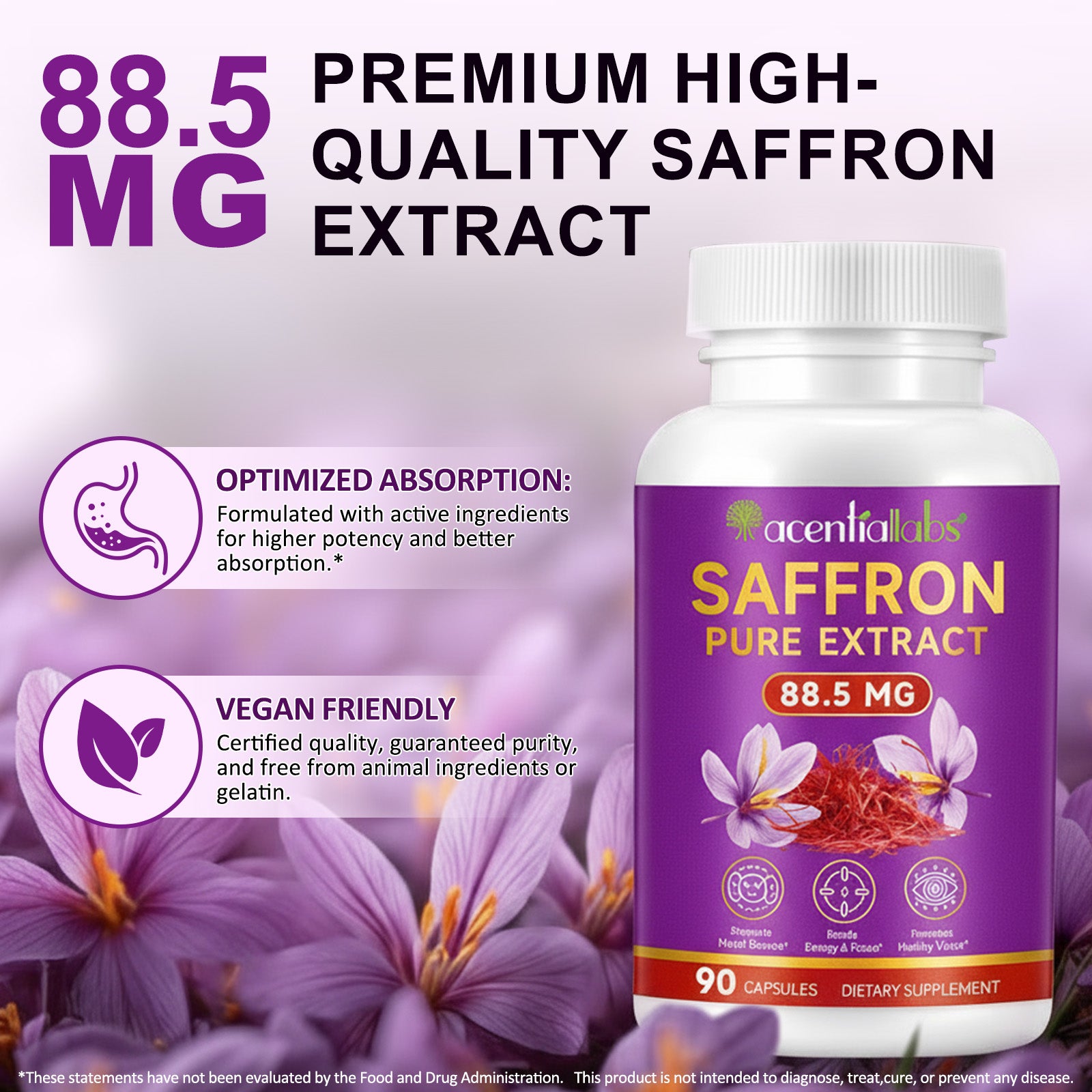 acentiallabs SAFFRON PURE EXTRACT, 88.5 MG, 90 CAPSULES，Bottled Capsules