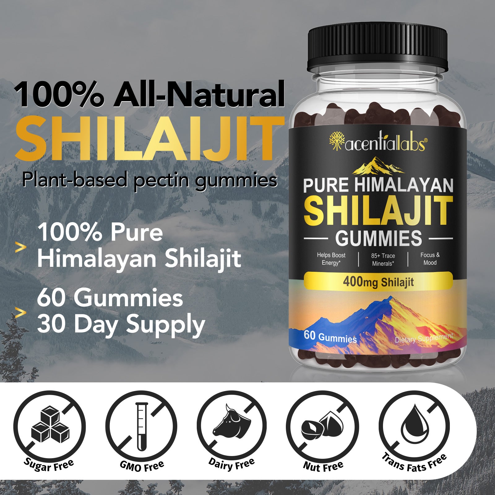 acentiallabs PURE HIMALAYAN SHILAJIT GUMMIES 400mg shilajit 60 Gummies Bottled Gummies