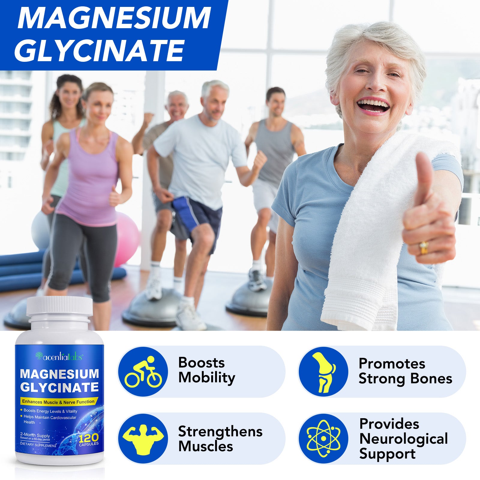 acentiallabs MAGNESIUM GLYCINATE Enhances Muscle & Nerve Function 120 CAPSULES Bottled Capsules