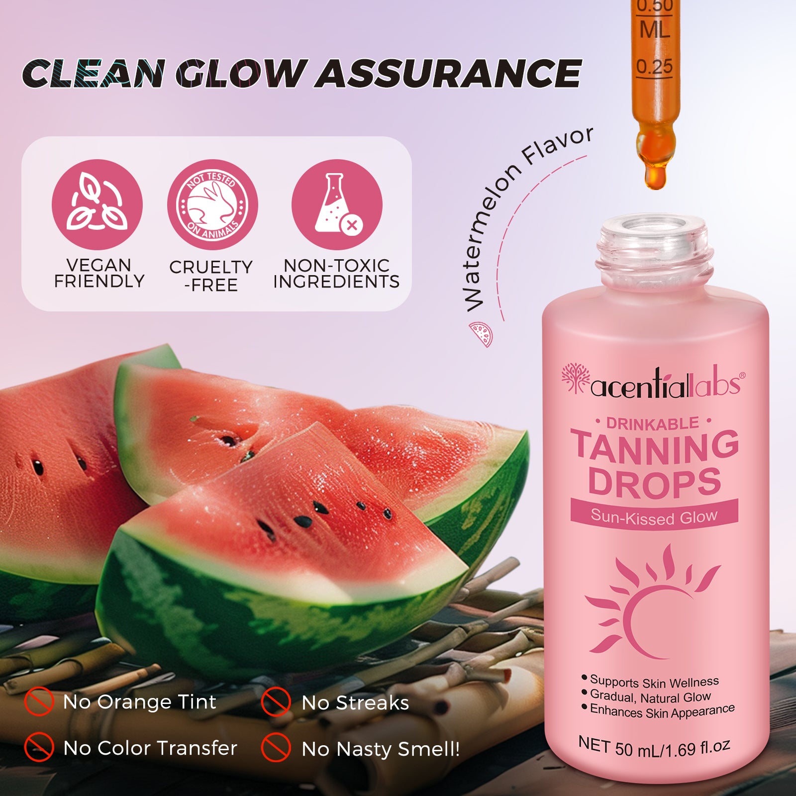 acentiallabs DRINKABLE TANNING DROPS Sun-Kissed Glow Watermelon Flavour 50ml Liquid Drops