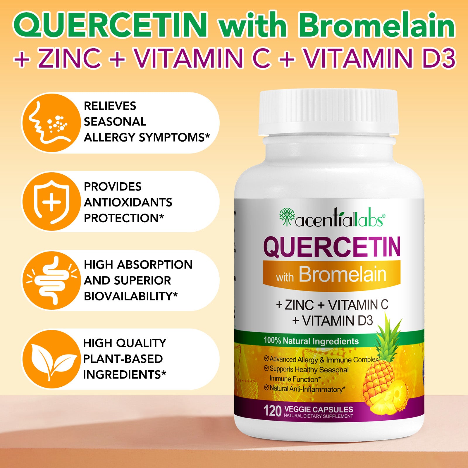 acentiallabs QUERCETIN with Bromelain,+ ZINC + VITAMIN C+ VITAMIN D3,120 VEGGIE CAPSULES Bottled Capsules