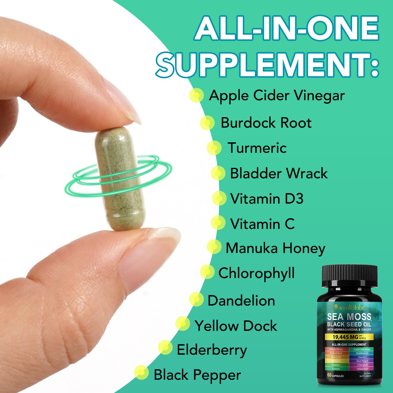 acentiallabs SEA MOSS BLACK SEED OIL WITH ASHWAGANDHA & GINGER 60 CAPSULES Bottled Capsules