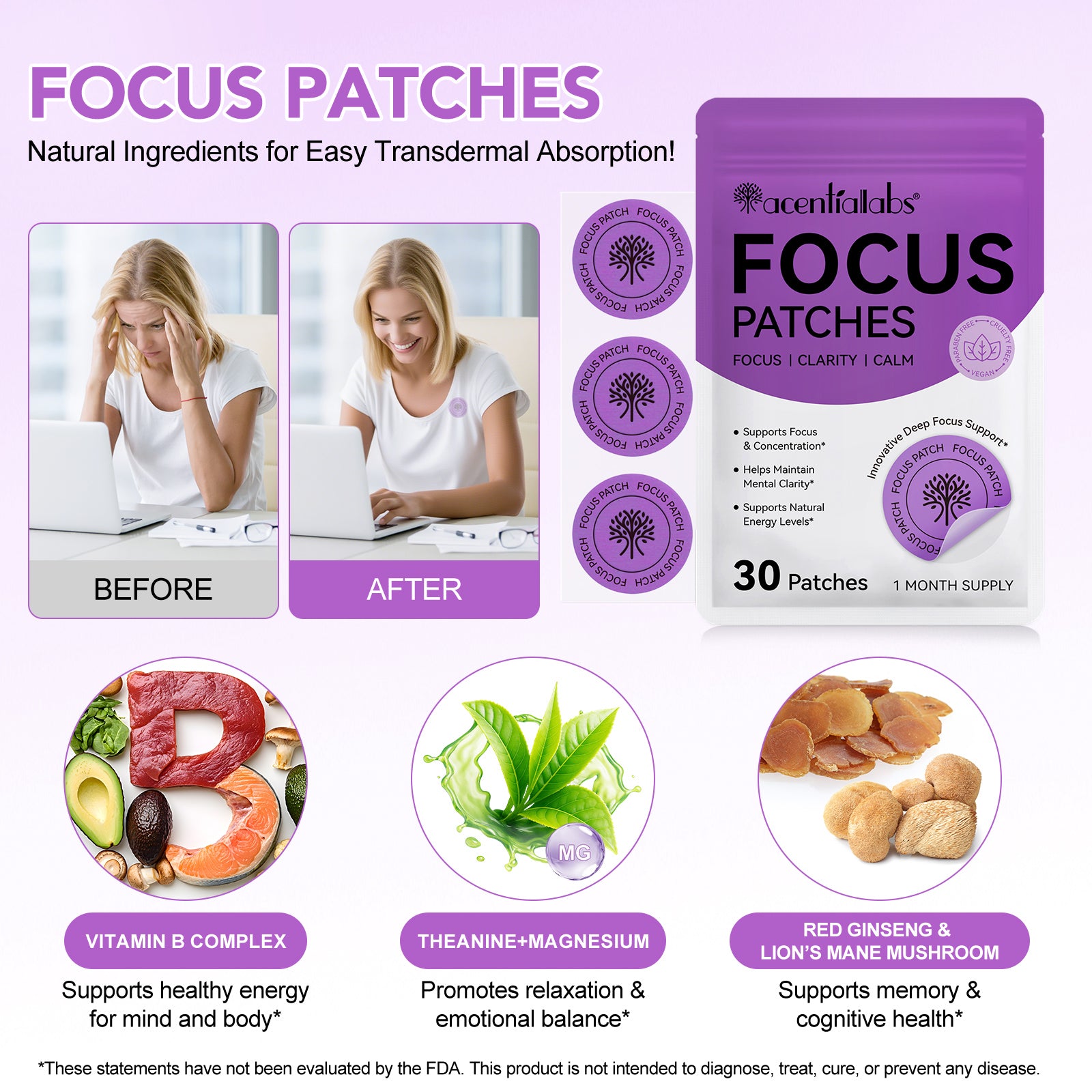 acentiallabs FOCUS PATCHES FREL FOCUS I CLARITY I CALM
