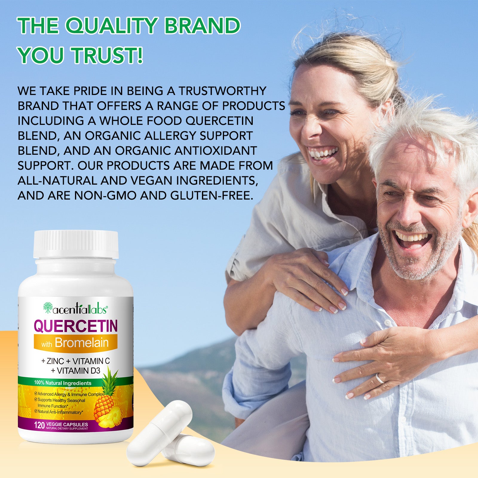 acentiallabs QUERCETIN with Bromelain,+ ZINC + VITAMIN C+ VITAMIN D3,120 VEGGIE CAPSULES Bottled Capsules