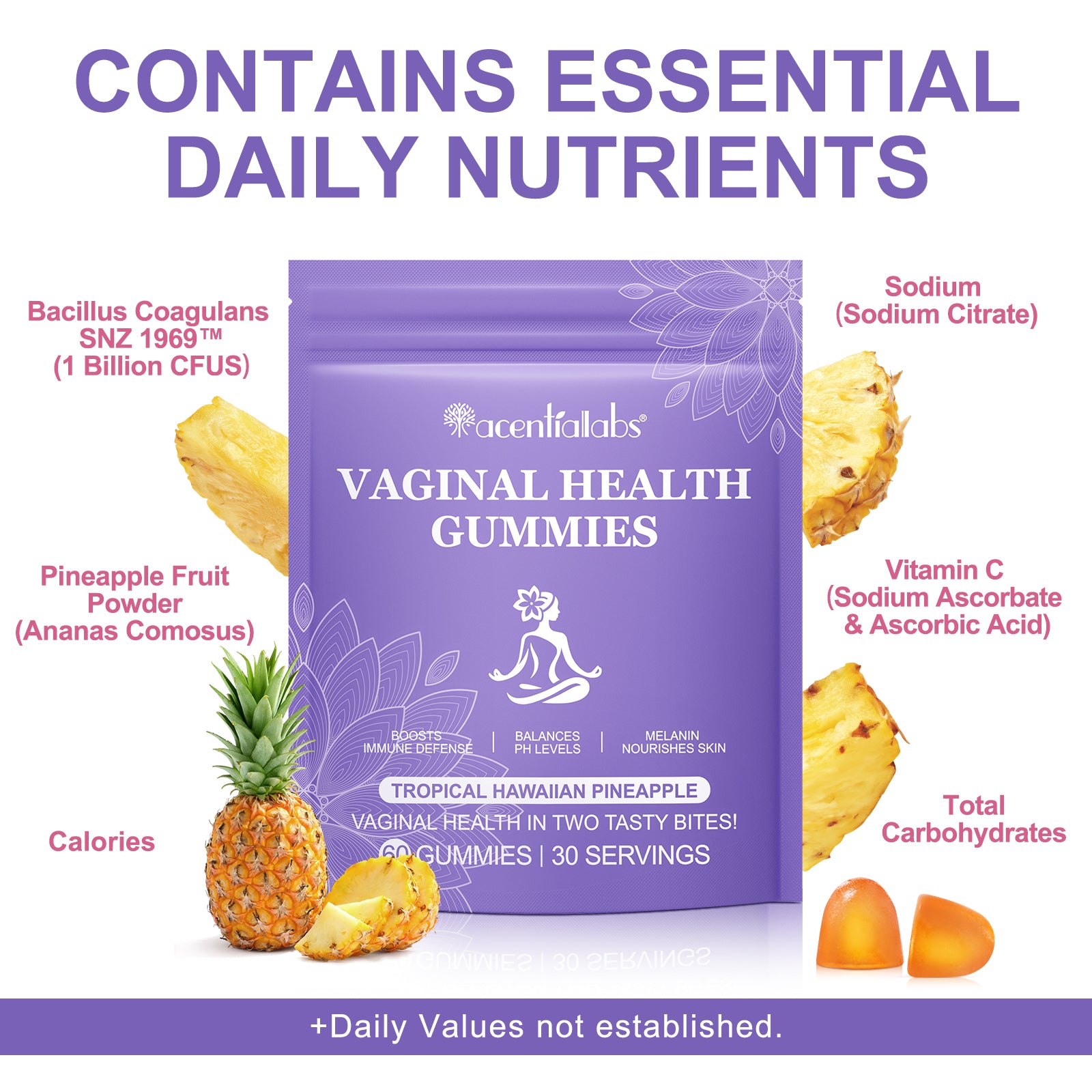 acentiallabs VAGINAL HEALTH GUMMIES TROPICAL HAWAIIAN PINEAPPLE 60 GUMMIES Bagged Gummies