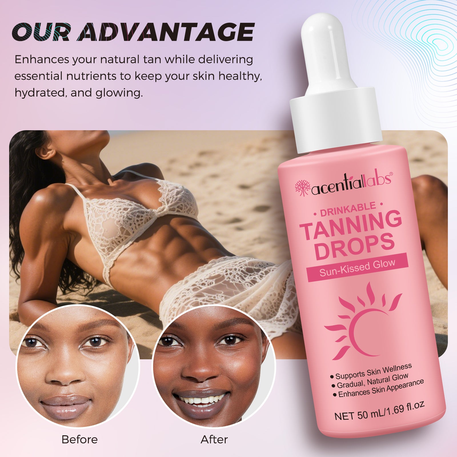 acentiallabs DRINKABLE TANNING DROPS Sun-Kissed Glow Watermelon Flavour 50ml Liquid Drops