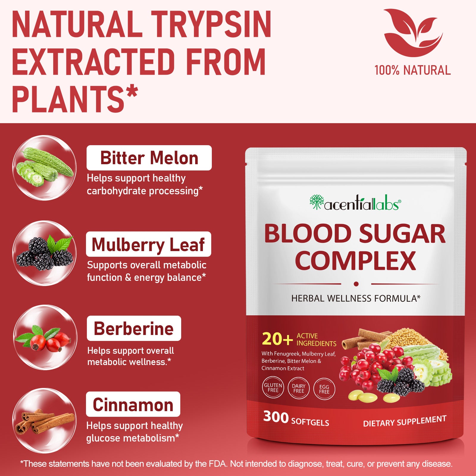 acentiallabs BLOOD SUGAR COMPLEX HERBAL WELLNESS FORMULA 300 SOFTGELS Bagged Capsules