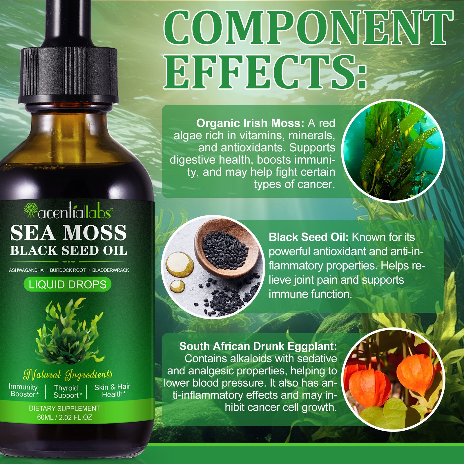 acentiallabs SEA MOSS BLACK SEED OIL,A SHWAGANDHA BURDOCK ROOT BLADDERWRACK,LIQUID DROPS,60ML Liquid Drops