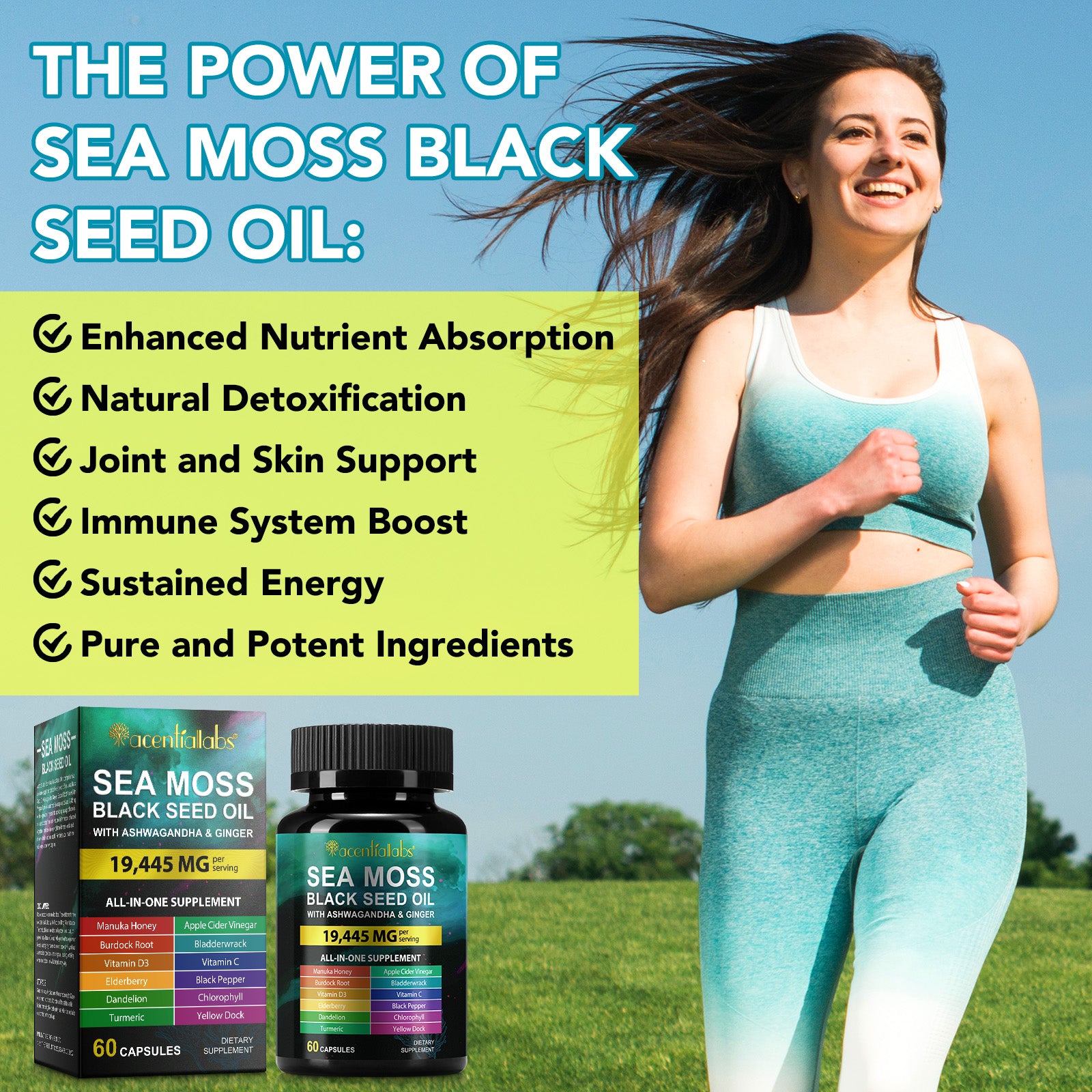 acentiallabs SEA MOSS BLACK SEED OIL WITH ASHWAGANDHA & GINGER 60 CAPSULES Bottled Capsules