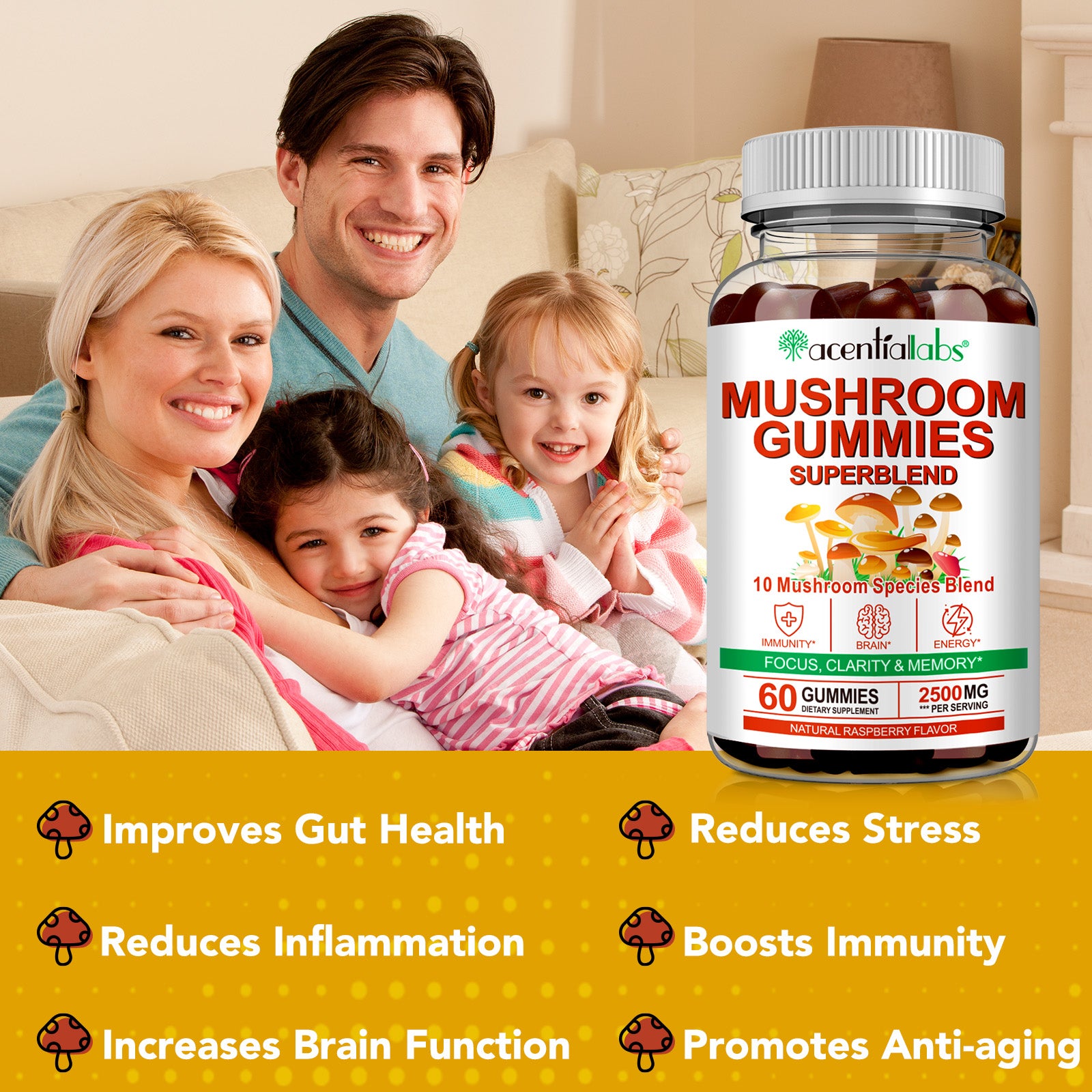 acentiallabs MUSHROOM GUMMIES SUPERBLEND 6O GUMMIES Bottled Gummies