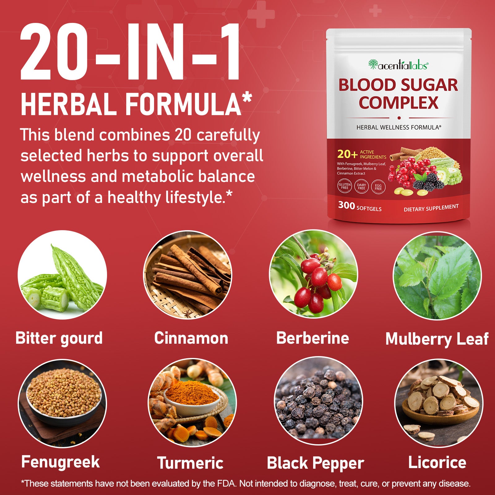 acentiallabs BLOOD SUGAR COMPLEX HERBAL WELLNESS FORMULA 300 SOFTGELS Bagged Capsules