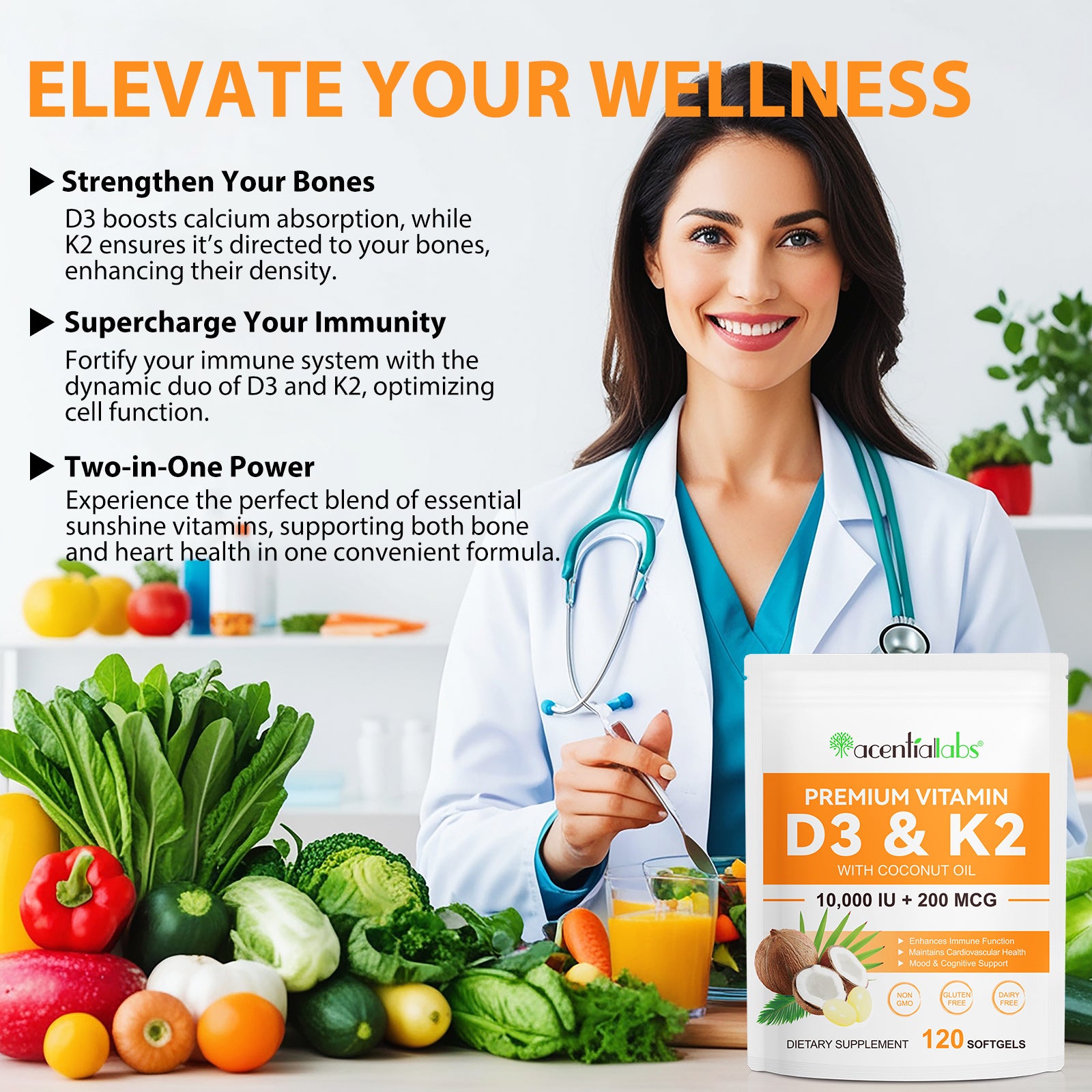 acentiallabs PREMIUM VITAMIN D3 & K2 WITH COCONUT OIL Bagged Capsules