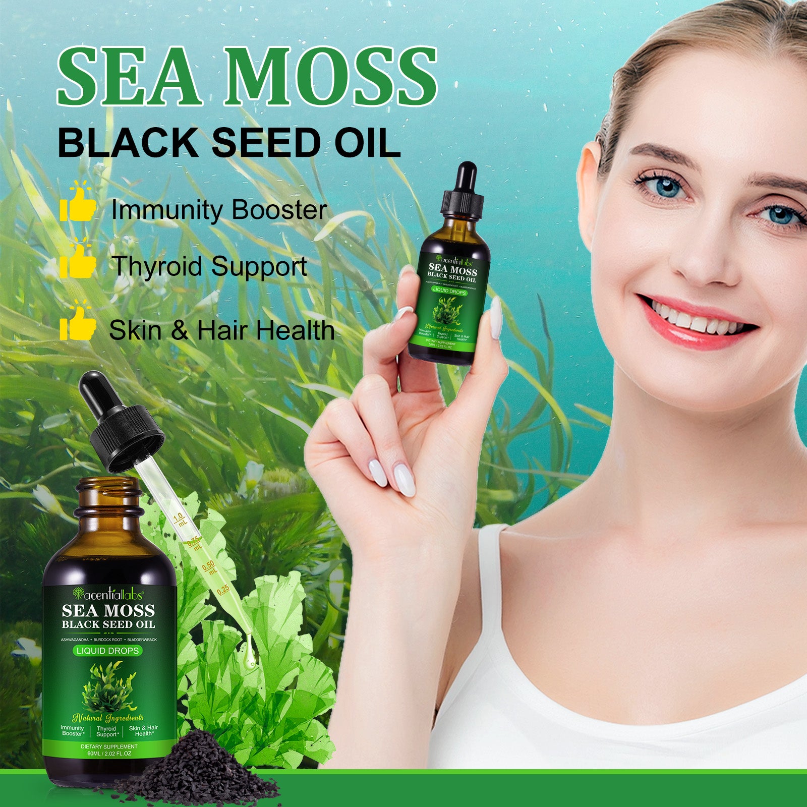 acentiallabs SEA MOSS BLACK SEED OIL,A SHWAGANDHA BURDOCK ROOT BLADDERWRACK,LIQUID DROPS,60ML Liquid Drops