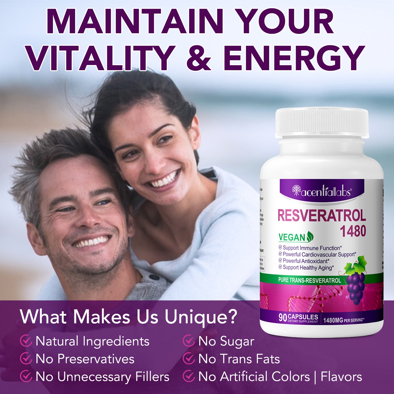 acentiallabs RESVERATROL 1480,PURE TRANS-RESVERATROL,90 CAPSULES Bottled Capsules