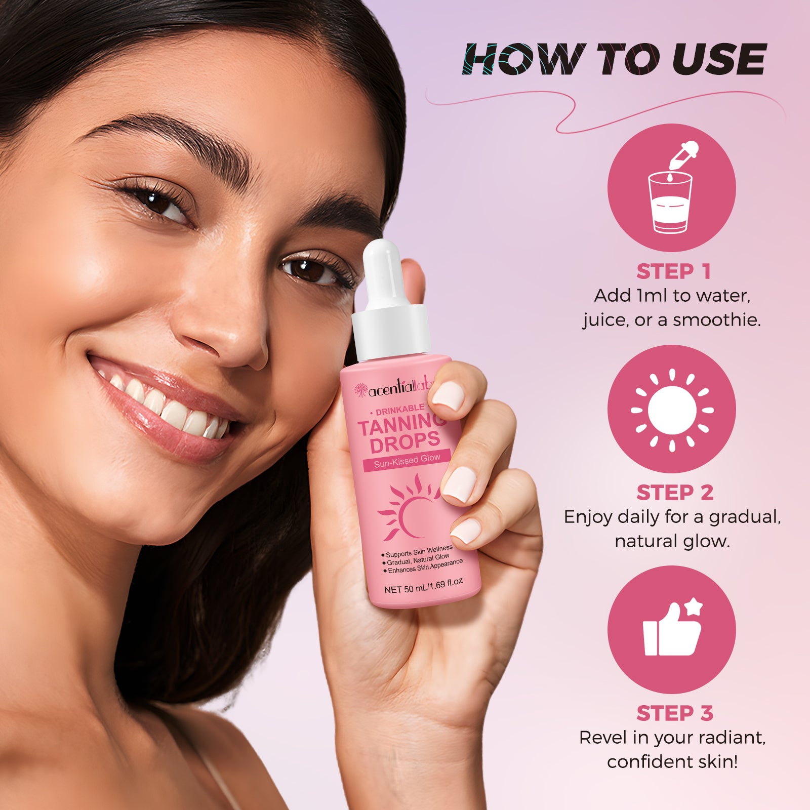 acentiallabs DRINKABLE TANNING DROPS Sun-Kissed Glow Watermelon Flavour 50ml Liquid Drops