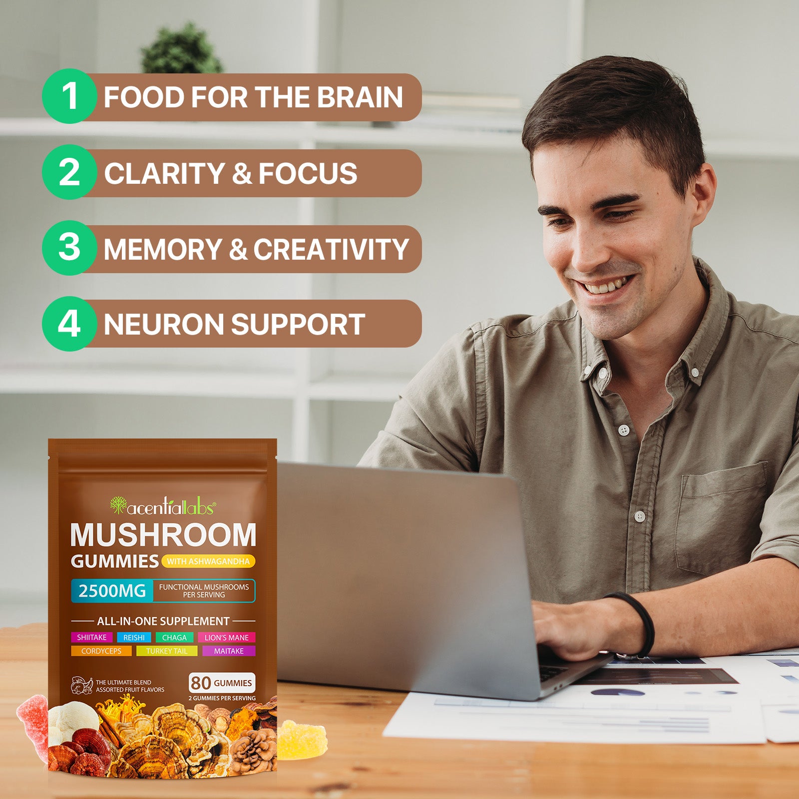 acentiallabs MUSHROOM GUMMIES WITH ASHWAGANDHA 2500MG FUNCTIONAL MUSHROOM SPER SERVING Bagged Gummies