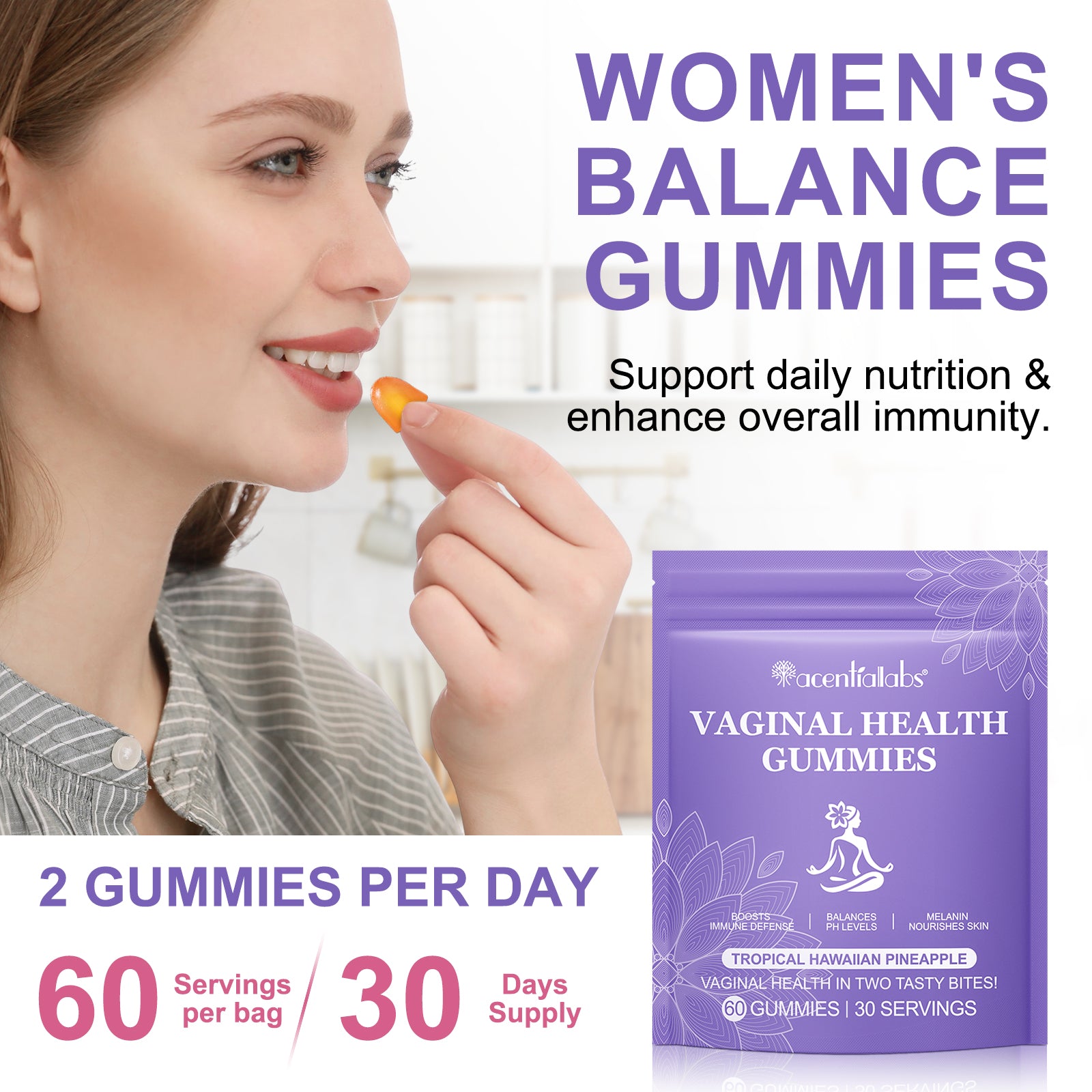 acentiallabs VAGINAL HEALTH GUMMIES TROPICAL HAWAIIAN PINEAPPLE 60 GUMMIES Bagged Gummies
