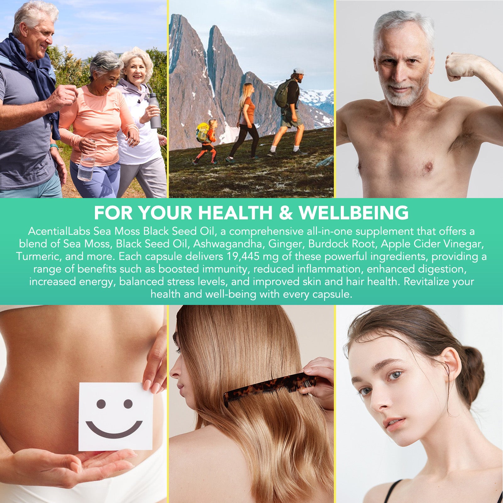 acentiallabs SEA MOSS BLACK SEED OIL WITH ASHWAGANDHA & GINGER 60 CAPSULES Bottled Capsules