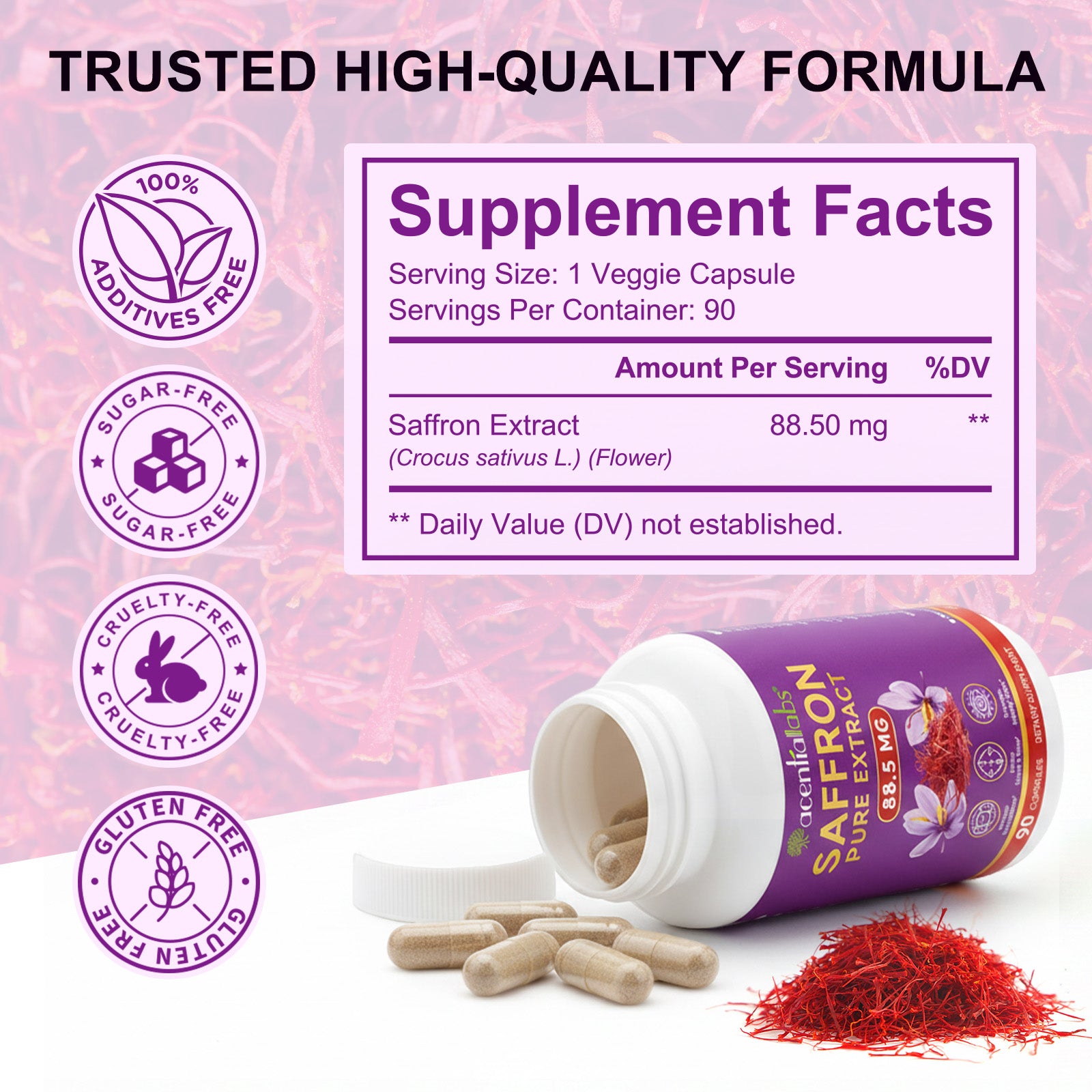 acentiallabs SAFFRON PURE EXTRACT, 88.5 MG, 90 CAPSULES，Bottled Capsules