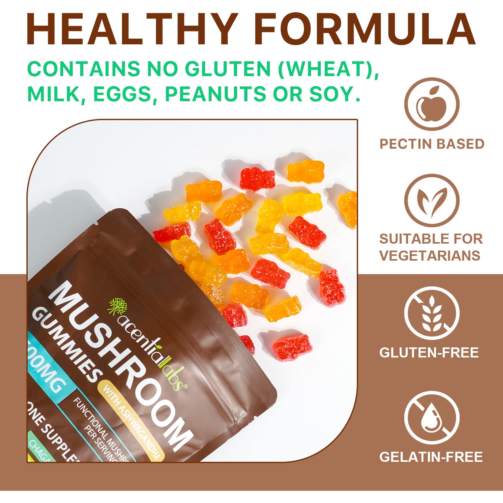acentiallabs MUSHROOM GUMMIES WITH ASHWAGANDHA 2500MG FUNCTIONAL MUSHROOM SPER SERVING Bagged Gummies