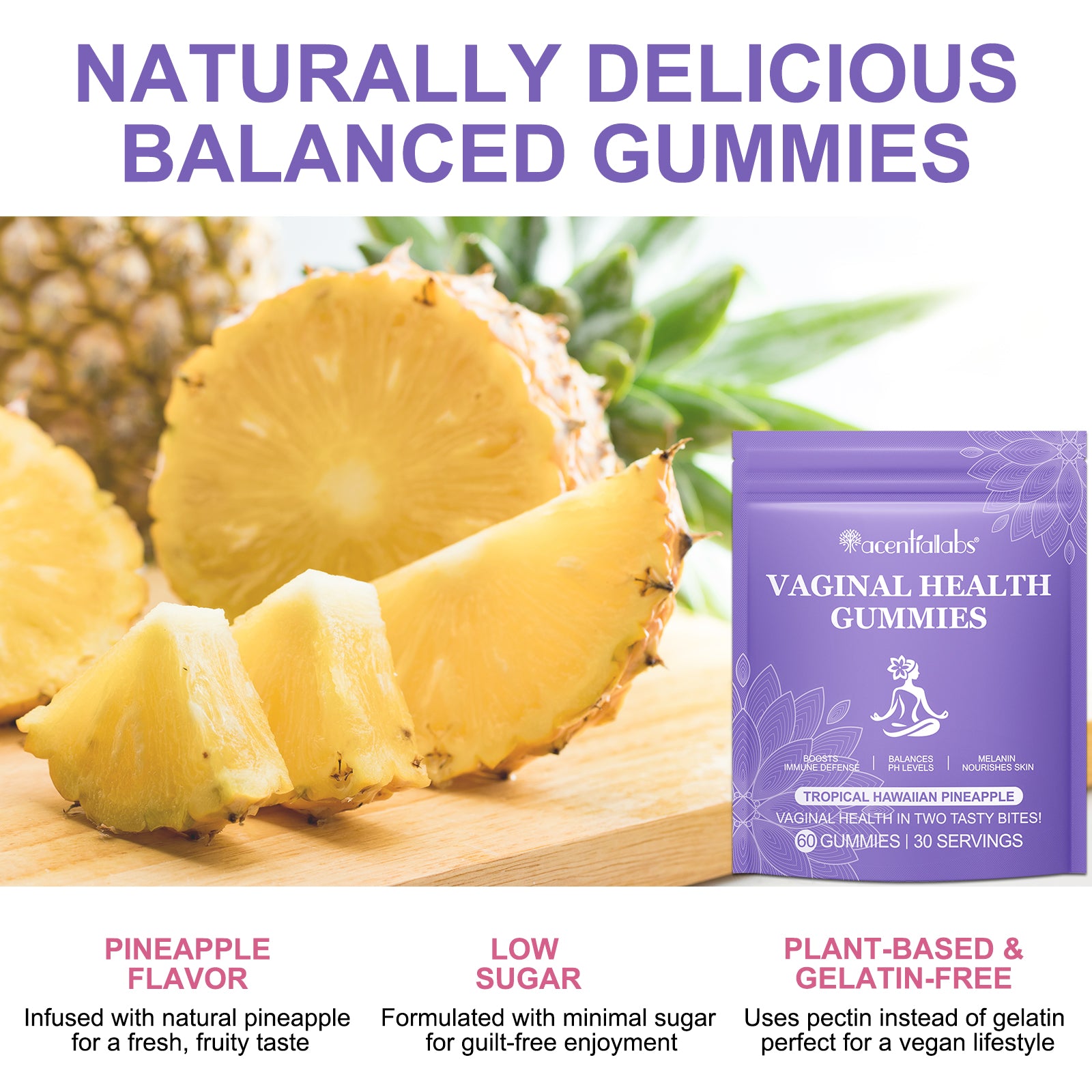 acentiallabs VAGINAL HEALTH GUMMIES TROPICAL HAWAIIAN PINEAPPLE 60 GUMMIES Bagged Gummies