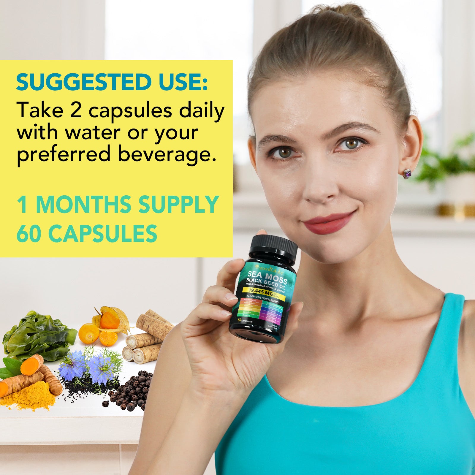 acentiallabs SEA MOSS BLACK SEED OIL WITH ASHWAGANDHA & GINGER 60 CAPSULES Bottled Capsules