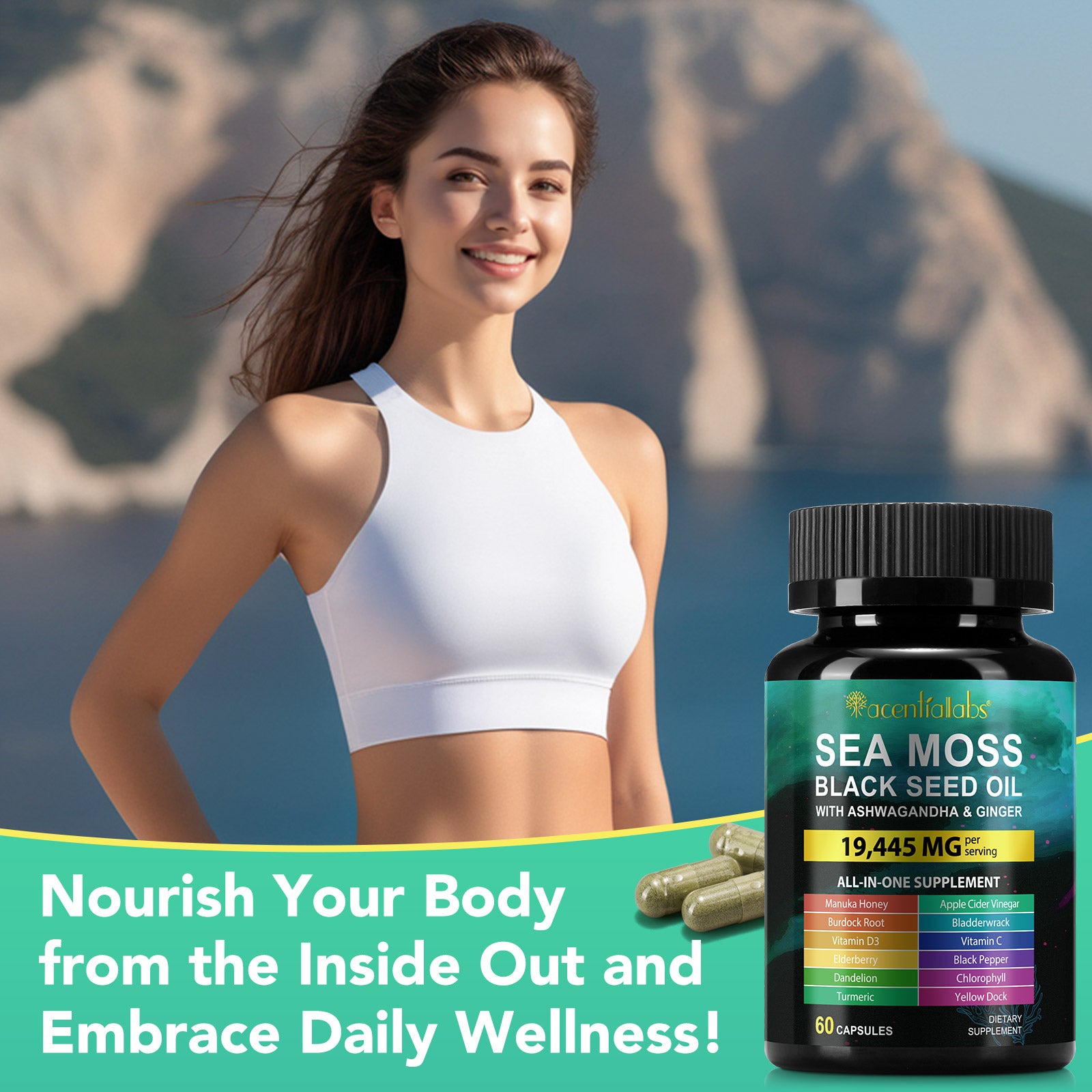 acentiallabs SEA MOSS BLACK SEED OIL WITH ASHWAGANDHA & GINGER 60 CAPSULES Bottled Capsules