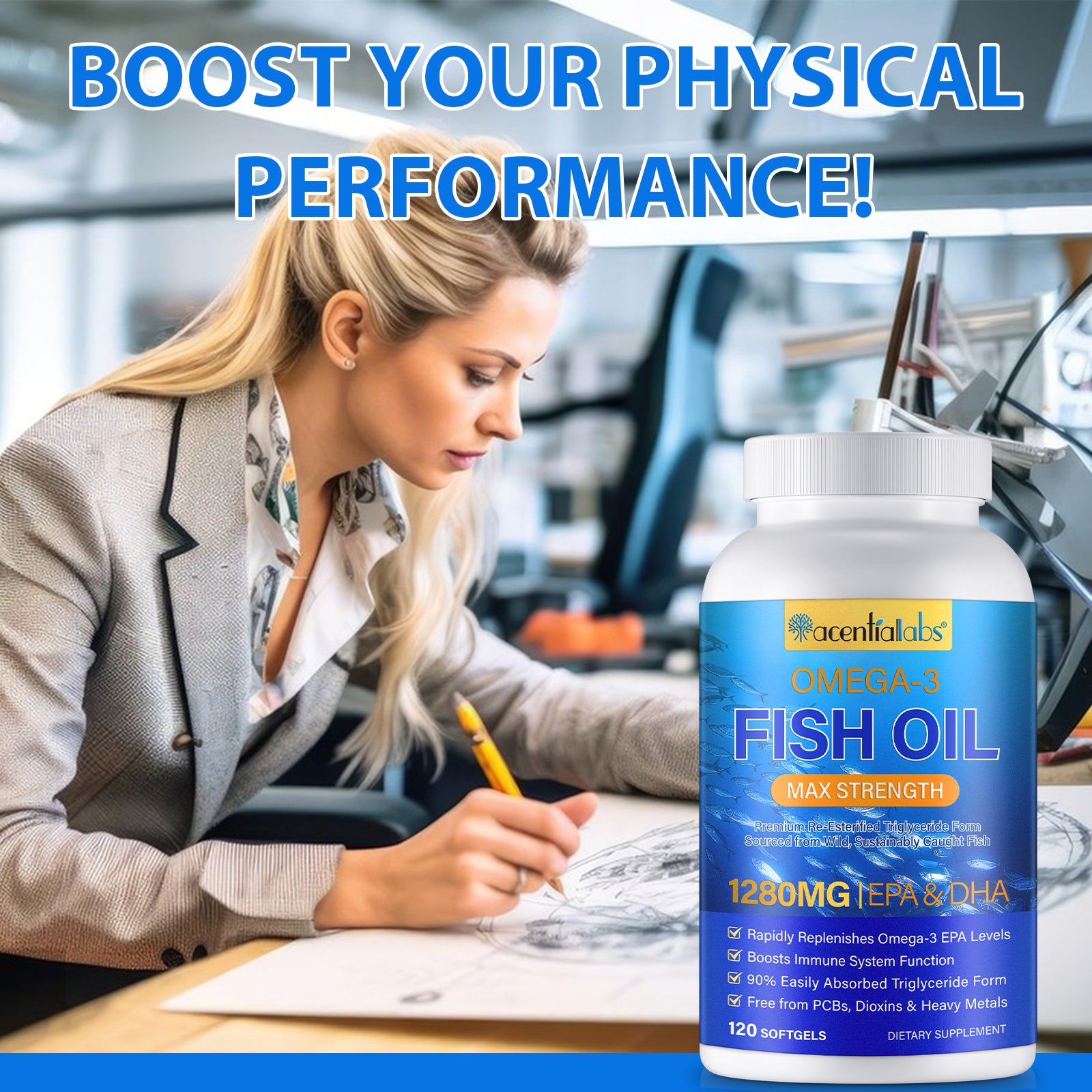 acentiallabs OMEGA-3 FISH OIL MAX STRENGTH 1280MG TEPA & DHA 120 SOFTGELS Bottled Capsules