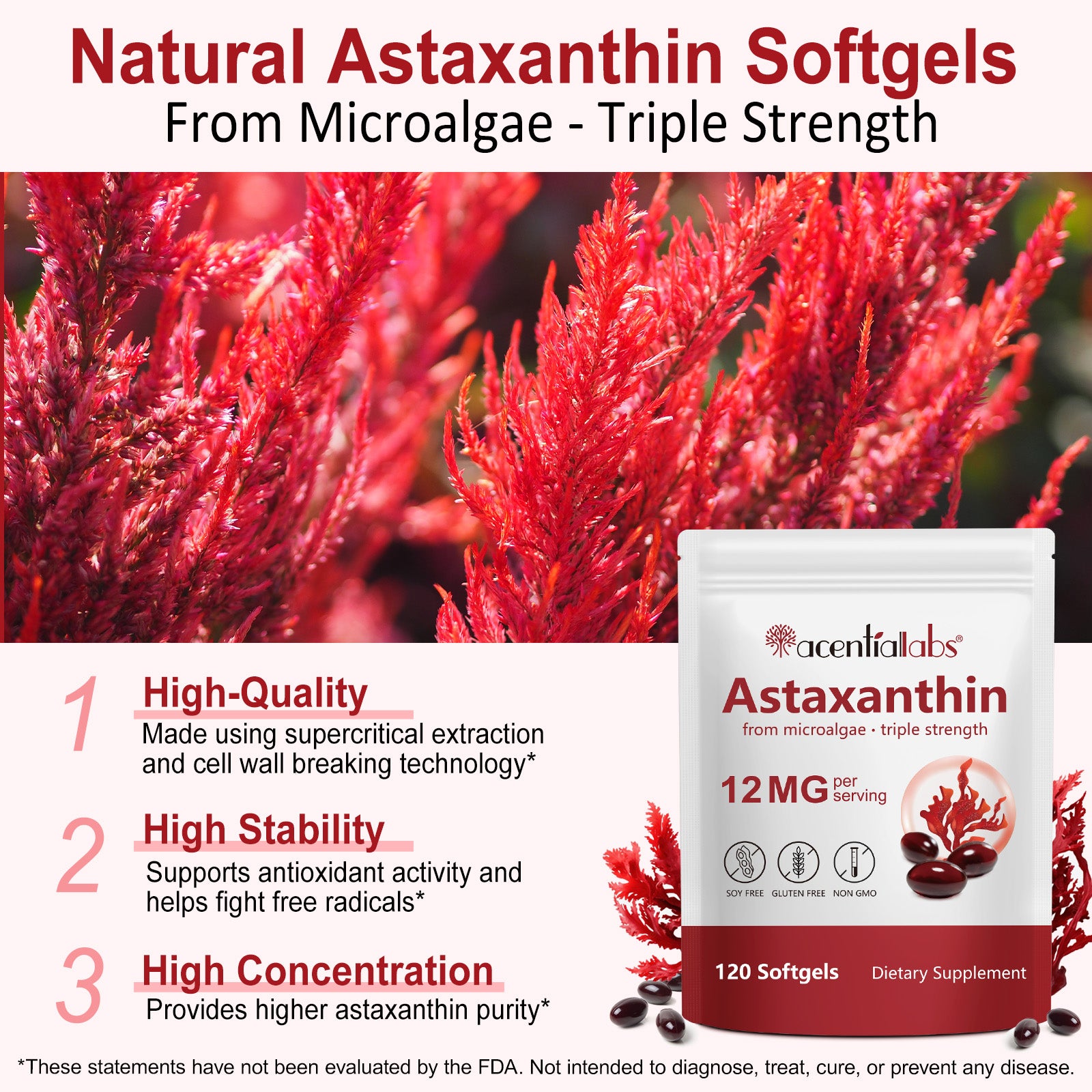 acentiallabs Astaxanthin from microalgae ·triple strength 12MG per serving 120 Softgels Bagged Capsules