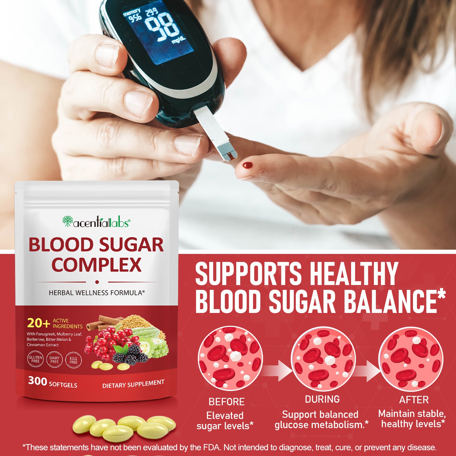 acentiallabs BLOOD SUGAR COMPLEX HERBAL WELLNESS FORMULA 300 SOFTGELS Bagged Capsules