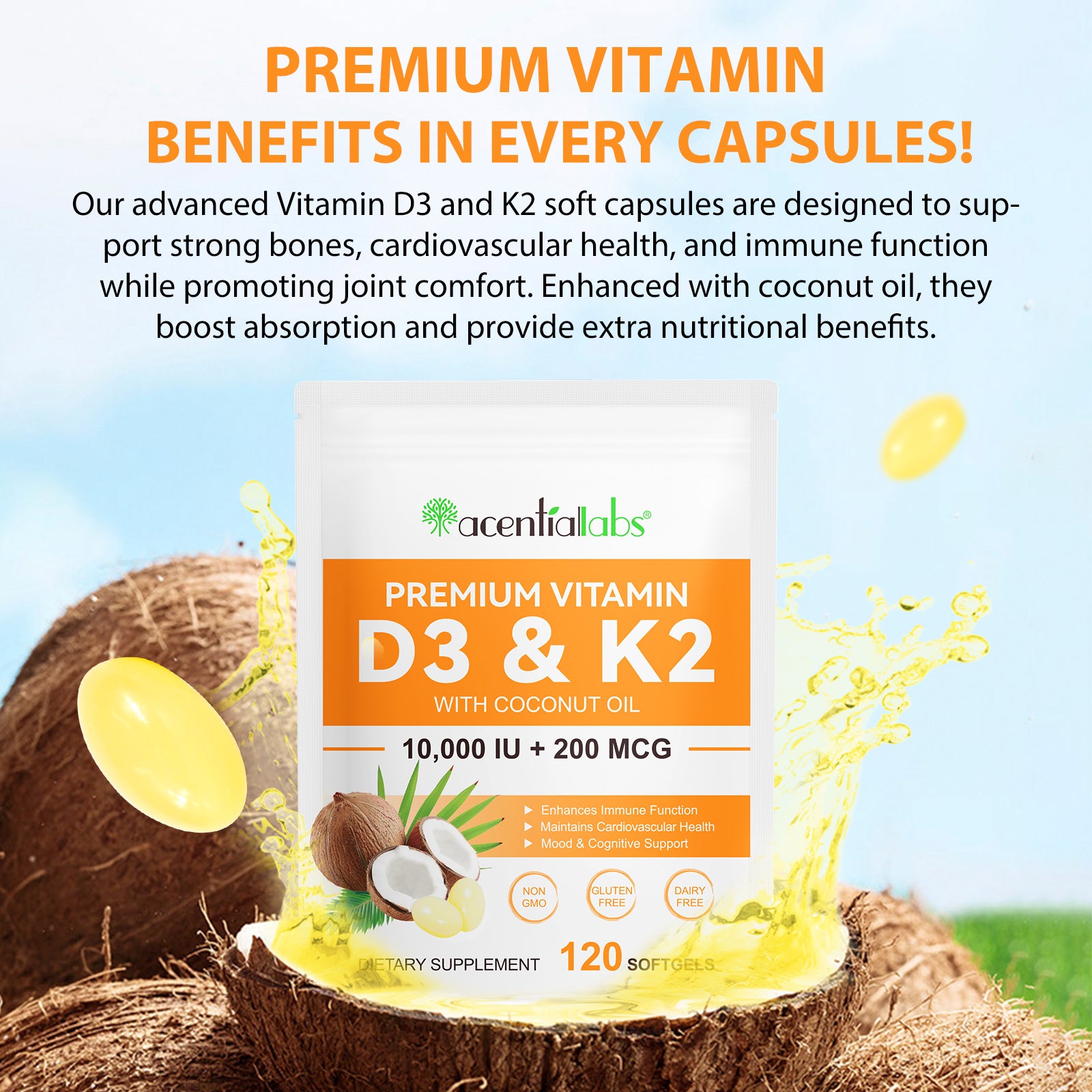acentiallabs PREMIUM VITAMIN D3 & K2 WITH COCONUT OIL Bagged Capsules