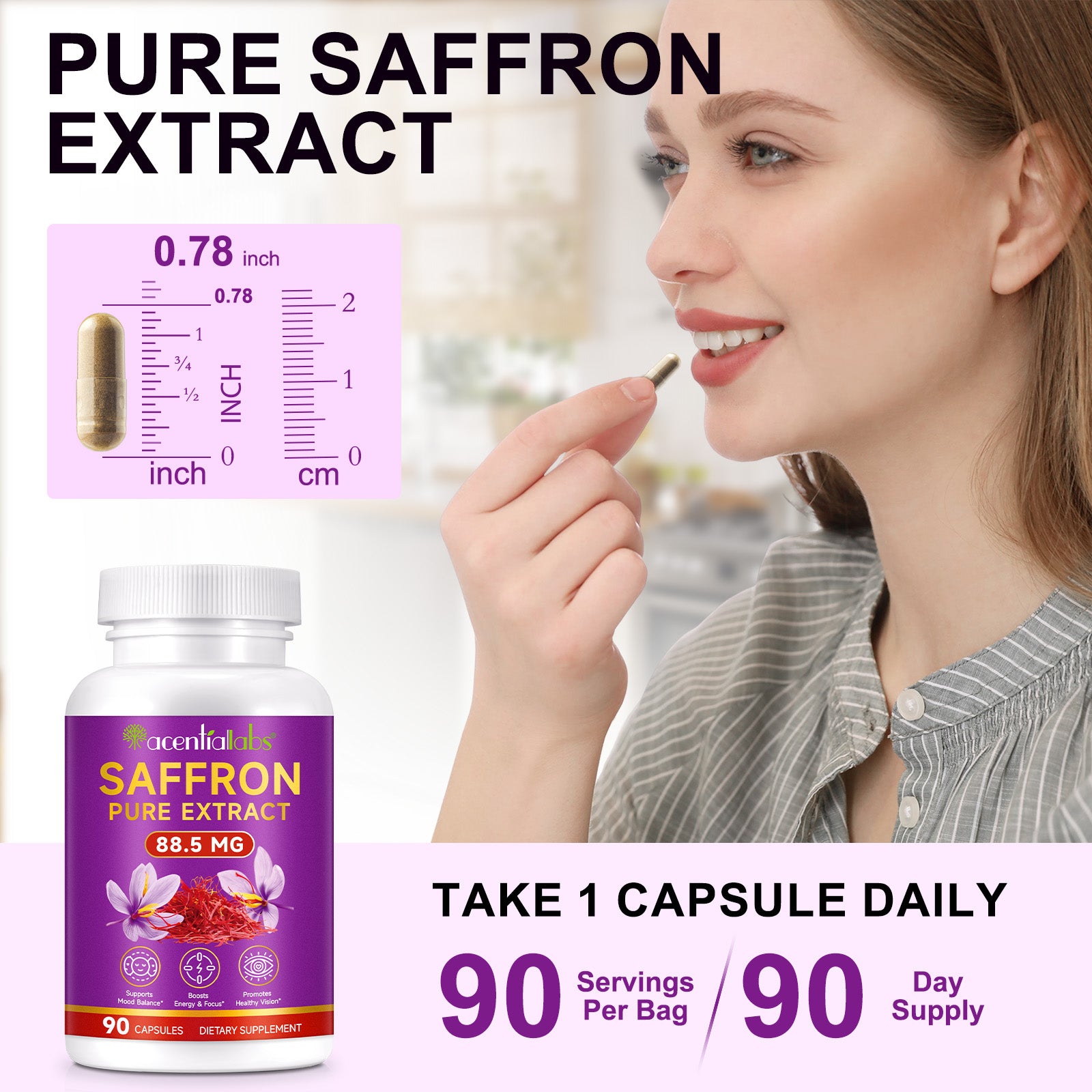 acentiallabs SAFFRON PURE EXTRACT, 88.5 MG, 90 CAPSULES，Bottled Capsules