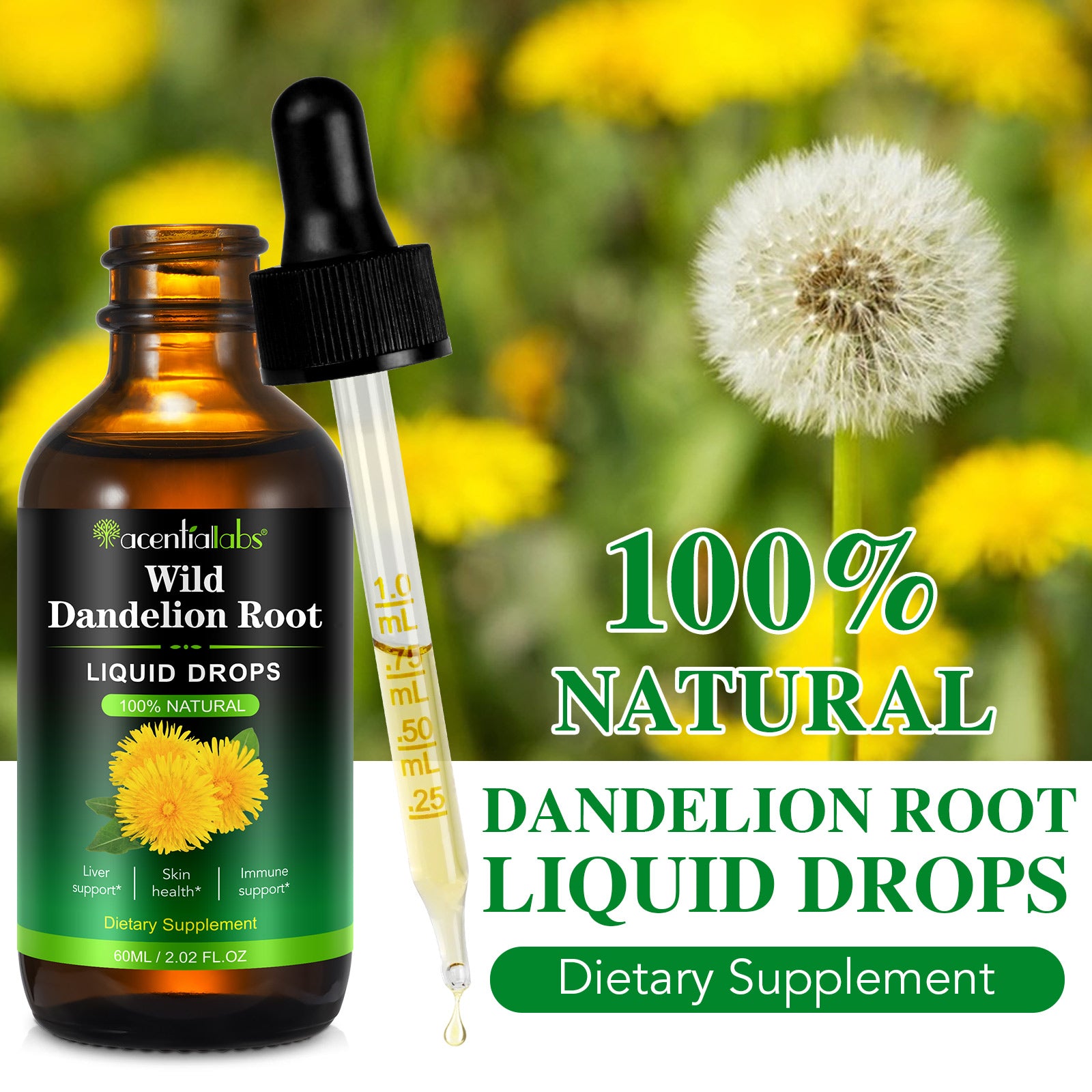 acentiallabs Wild Dandelion Root LIQUID DROPS Dietary Supplement 60ML Liquid Drops