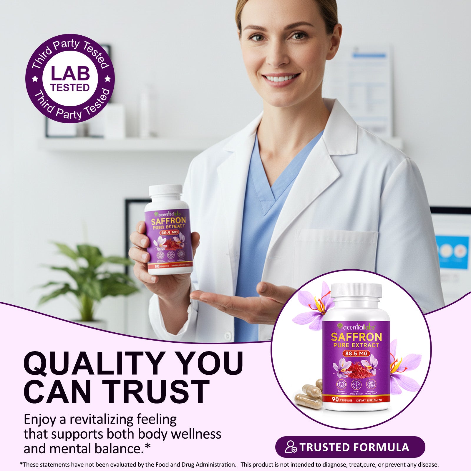 acentiallabs SAFFRON PURE EXTRACT, 88.5 MG, 90 CAPSULES，Bottled Capsules