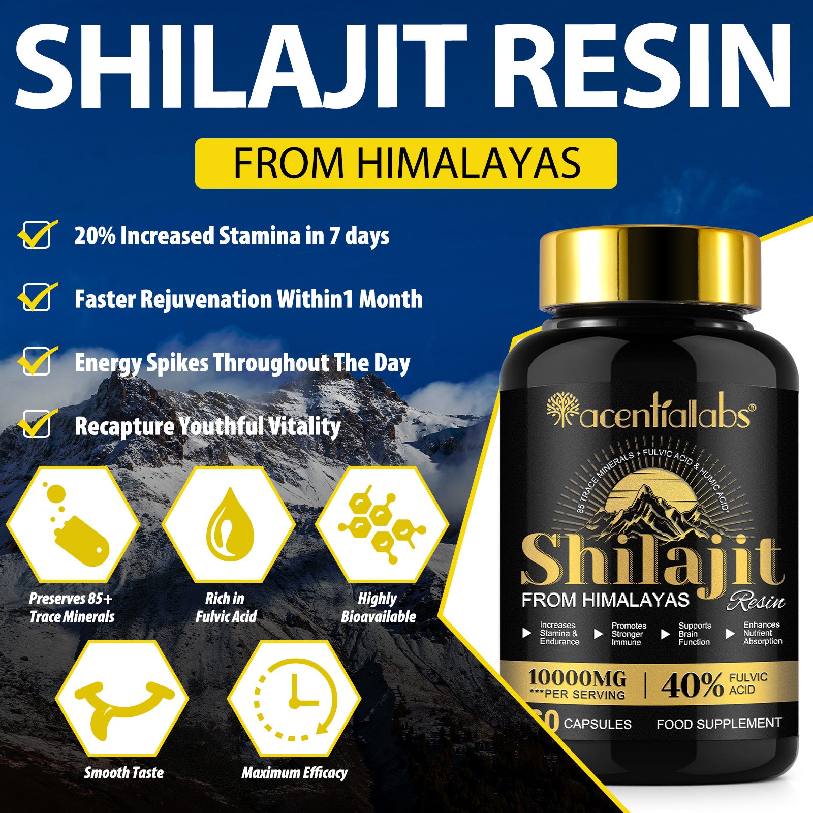 acentiallabs Shilajit FROM HIMALAYAS 60 CAPSULES Bottled Capsules