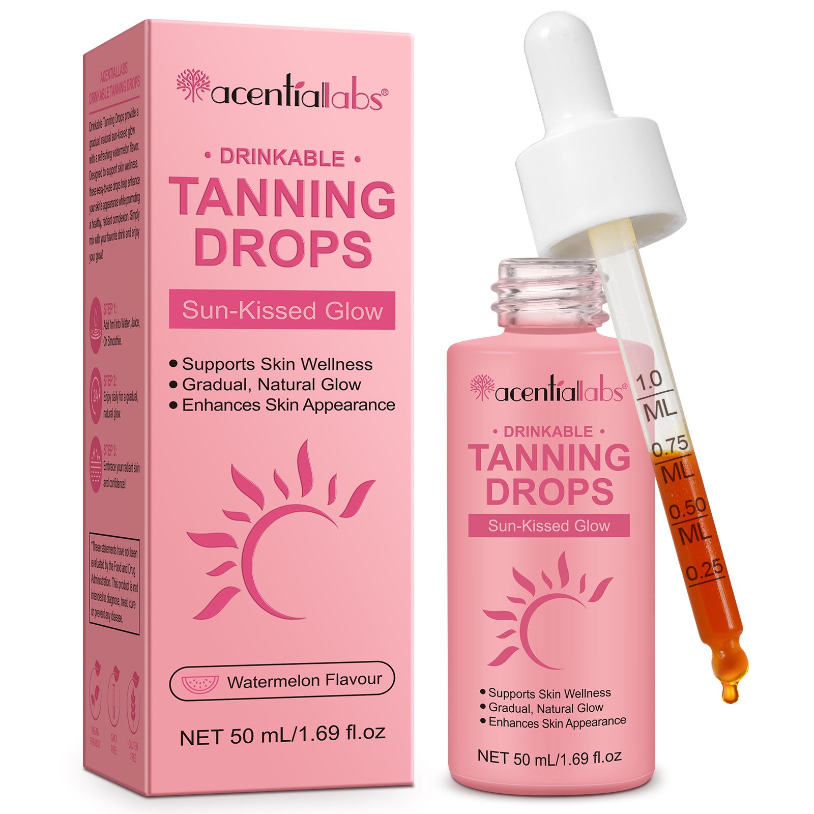 acentiallabs DRINKABLE TANNING DROPS Sun-Kissed Glow Watermelon Flavour 50ml Liquid Drops
