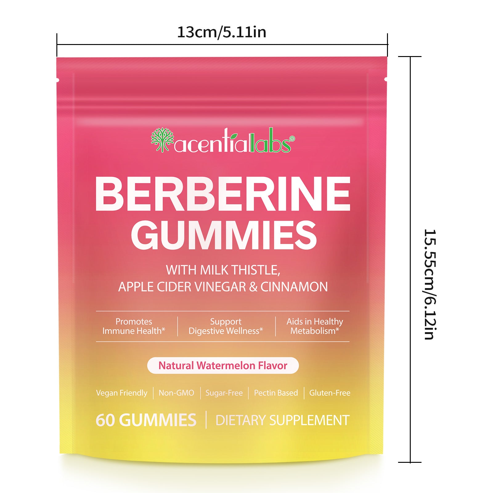 acentiallabs BERBERINE GUMMIES WITH MILK THISTLE,APPLE CIDER VINEGAR & CINNAMON,Natural Watermelon Flavor,60 GUMMIES Bagged Gummies