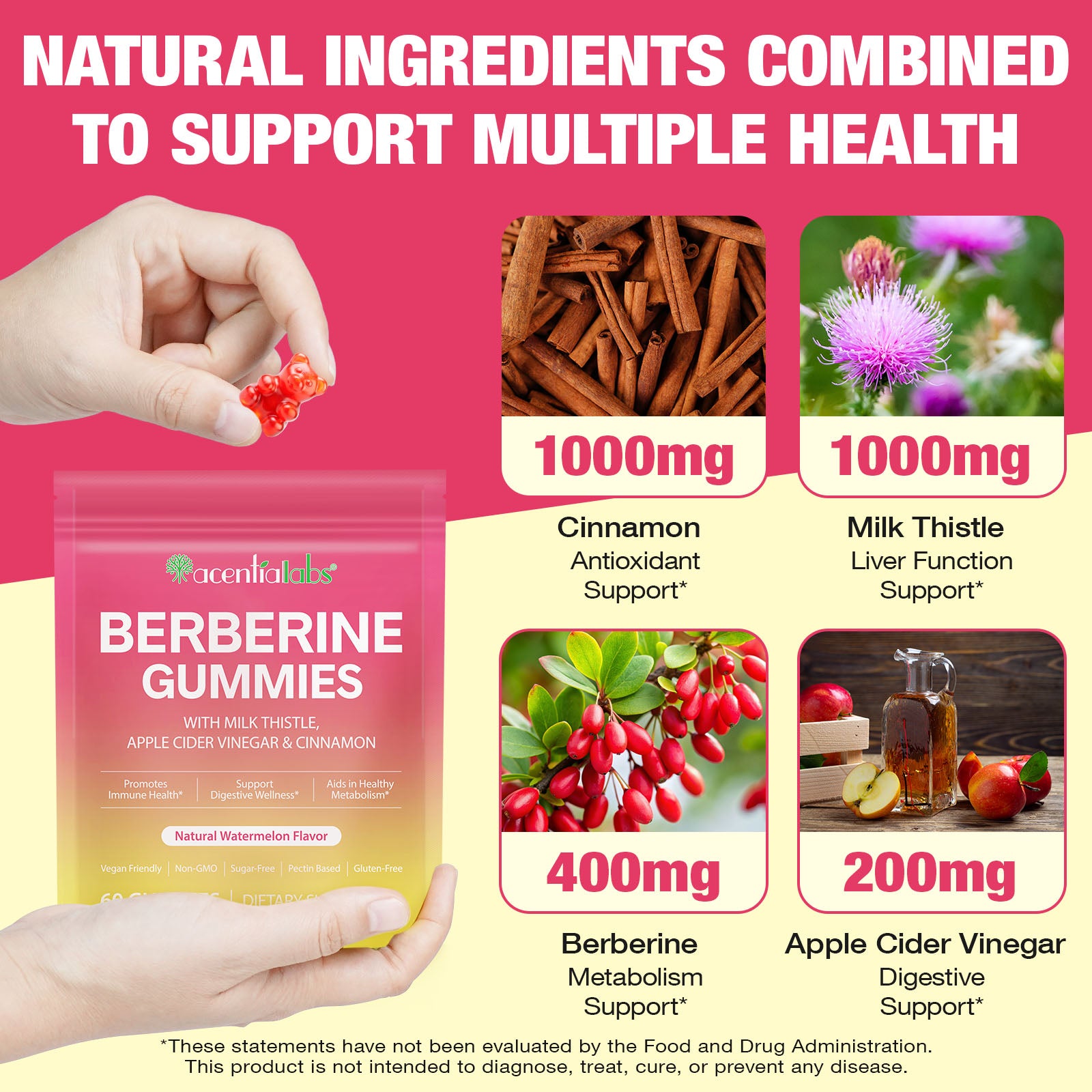 acentiallabs BERBERINE GUMMIES WITH MILK THISTLE,APPLE CIDER VINEGAR & CINNAMON,Natural Watermelon Flavor,60 GUMMIES Bagged Gummies