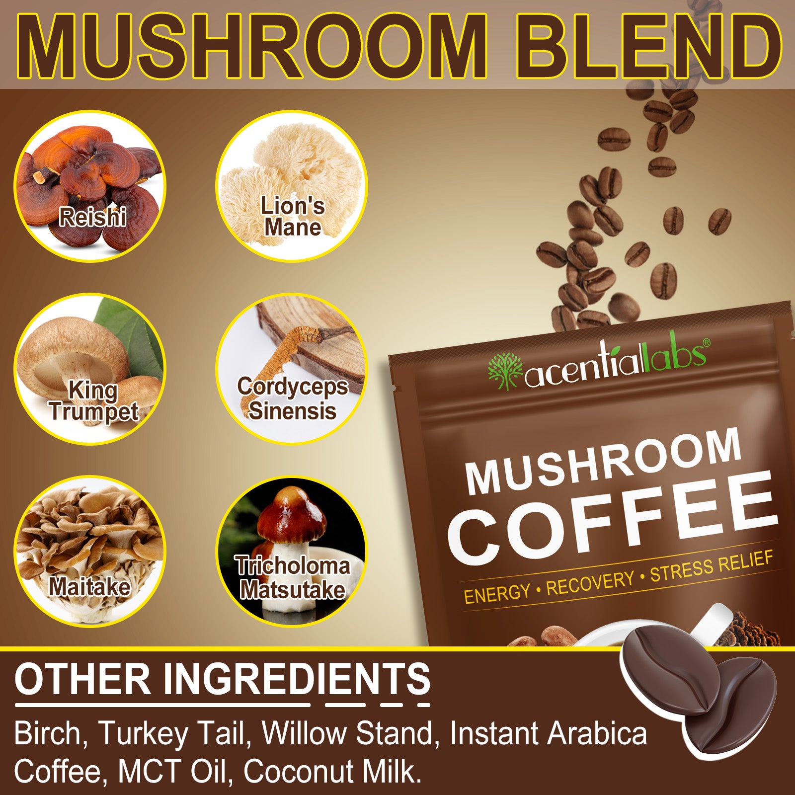 acentiallabs MUSHROOM COFFEE ，ENERGY·RECOVERY ·STRESS RELIEF，10 Superfood Mushrooms，Granules