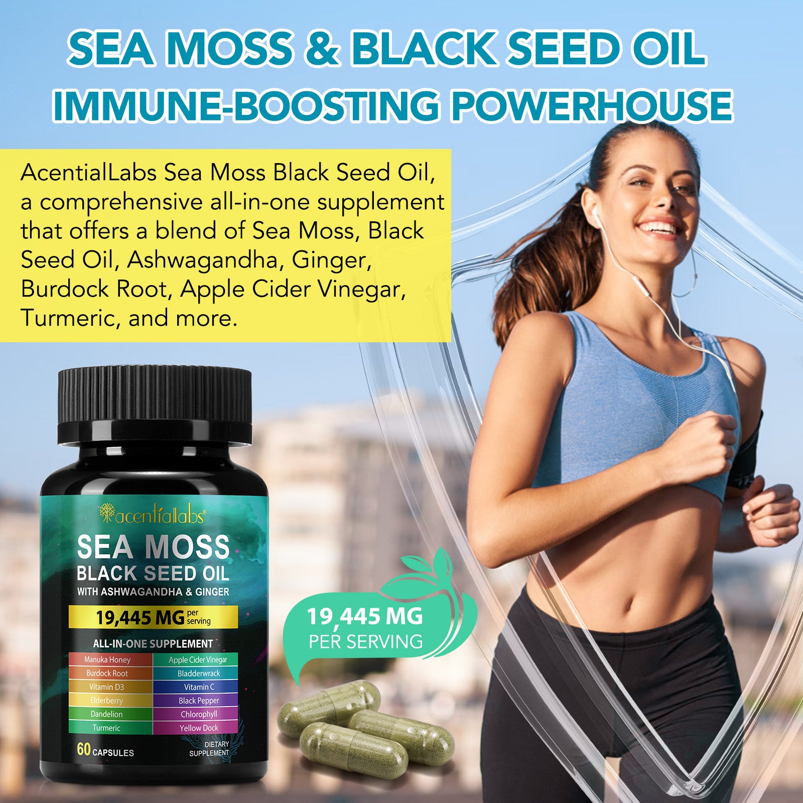 acentiallabs SEA MOSS BLACK SEED OIL WITH ASHWAGANDHA & GINGER 60 CAPSULES Bottled Capsules